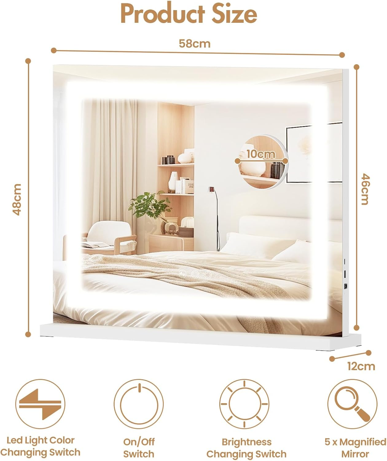 Advwin Lighted Vanity Mirror, 3-Color Dimmable LED & Touch Control - Large Makeup Mirror for Dressing Room with 5X Magnification Mirror Tabletop or Wall-Mounted, White image number 4