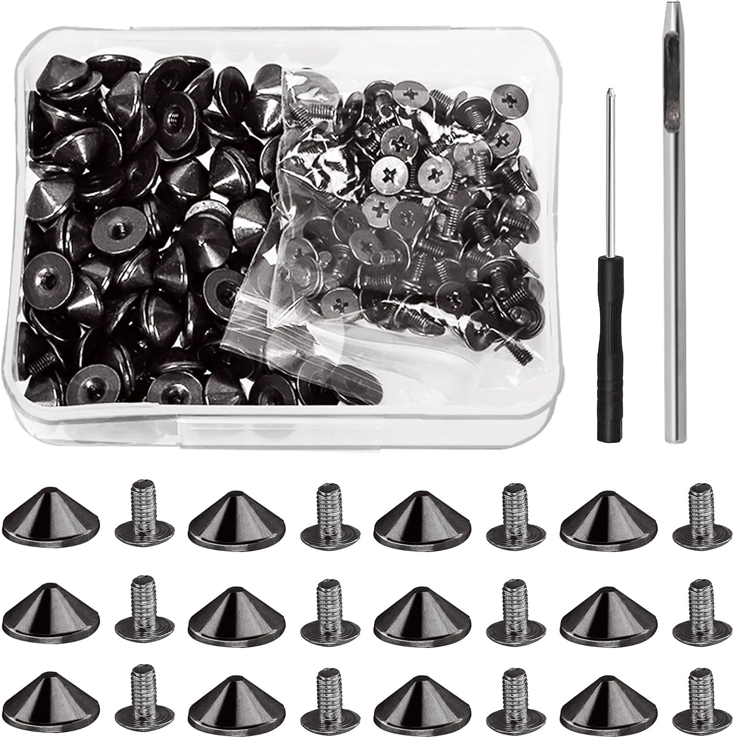 Tanstic 100 Sets(202Pcs) Bronze Cone Spikes and Studs Kit, 10 X 4.7Mm Metal Spikes and Studs Bullet Cone Spikes Studs Screw Back Punk Studs with Installation Tools for Leather Craft