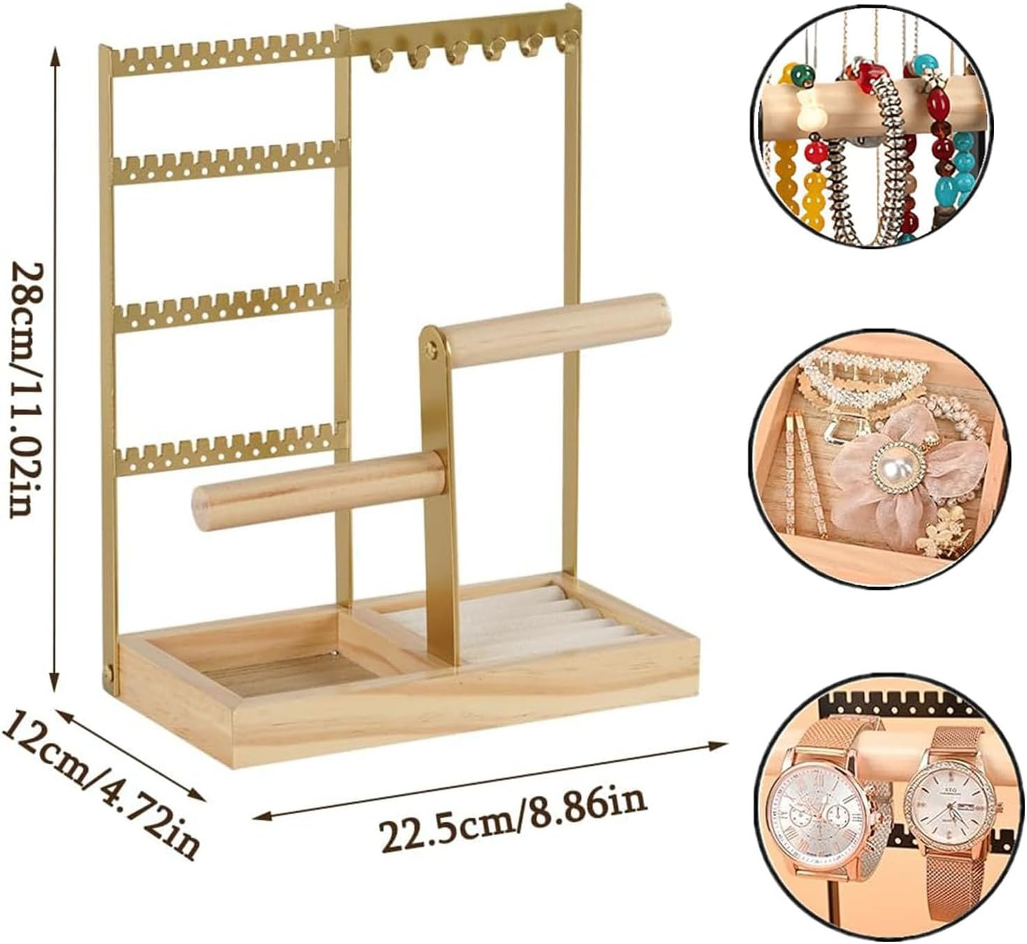 Paifeancodill Jewellery Stand Earring Stand Holder Jewelry Display Stands Necklace Holder Jewellery Holder with Storage Tray and Holes Wooden Jewellery Organiser Fornecklaceearringkeywatch (Gold) image number 5