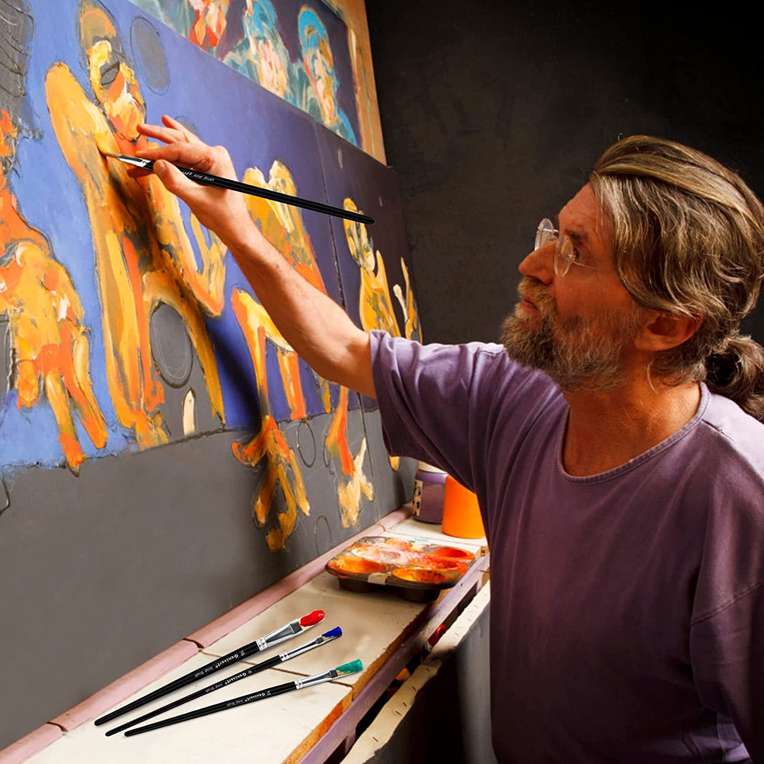 Acrylic Oil Watercolor Paint Brush Set, 9Pcs Flat Paintbrushes for Art Painting, 100% Natural White Hog Bristle Artist Paint Brushes for Students Adults (Black Handle) image number 3