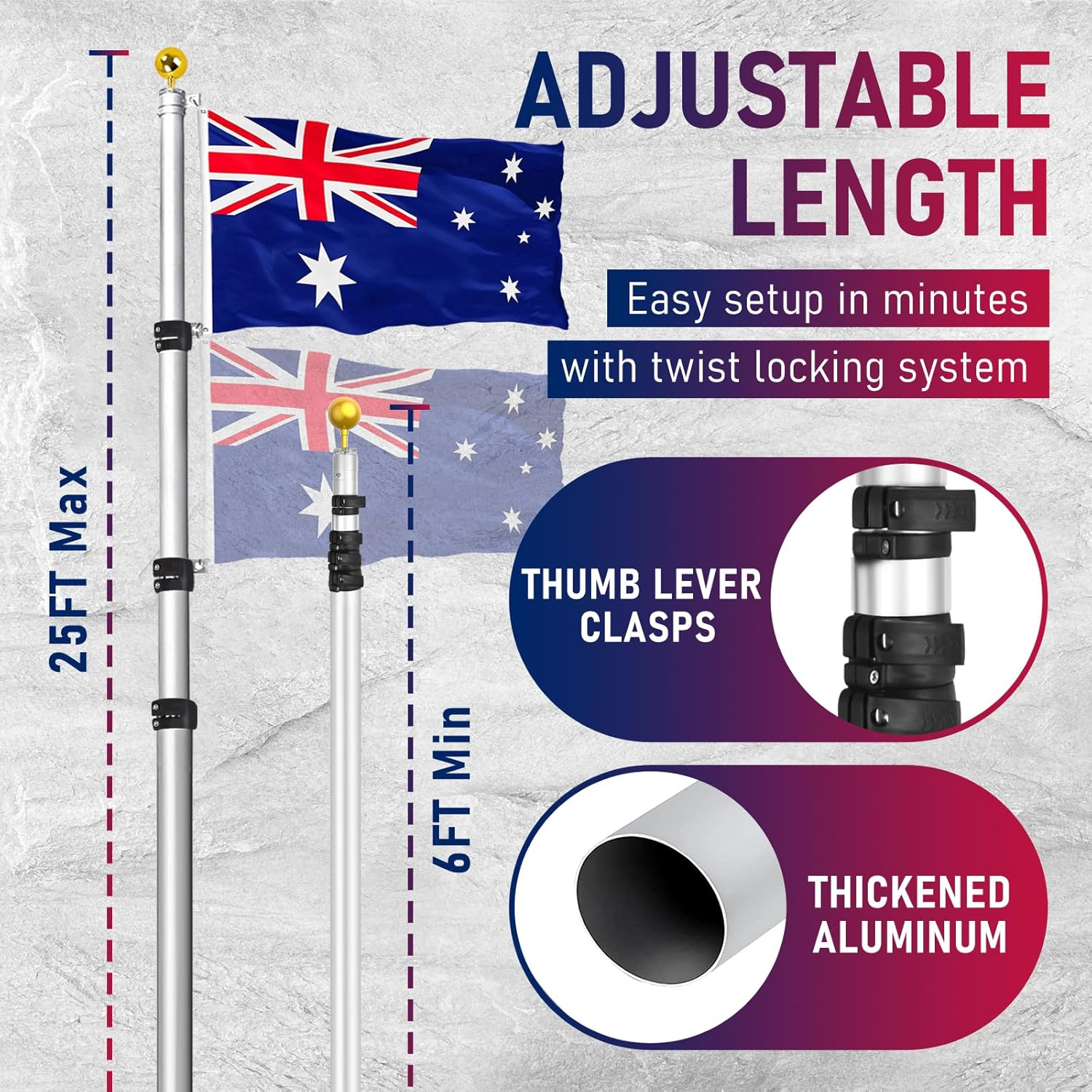 The 6.1M Telescopic Flag Pole Kit, Heavy Duty Aluminum Telescoping Flagpole Kit Fly 2 Flags, Outdoor in Ground Flagpole with 3X5 AU Flag & Gold Ball Top for Residential or Commercial, Silver image number 2