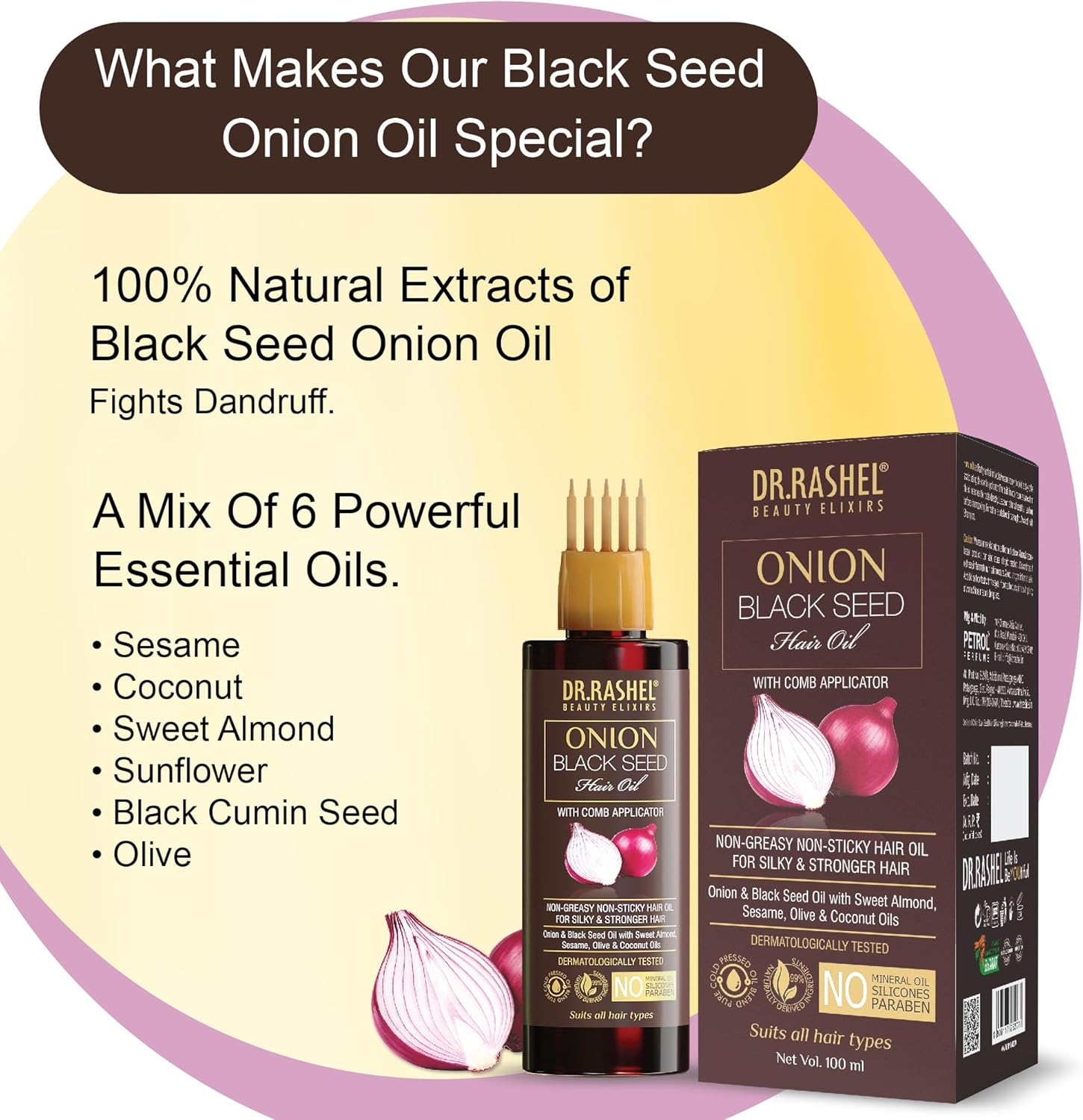DR.RASHEL Onion Oil - Black Seed Onion Hair Oil with Comb Applicator - Controls Hair Fall - No Mineral Oil, Silicones & Paraben - 100 Ml image number 1