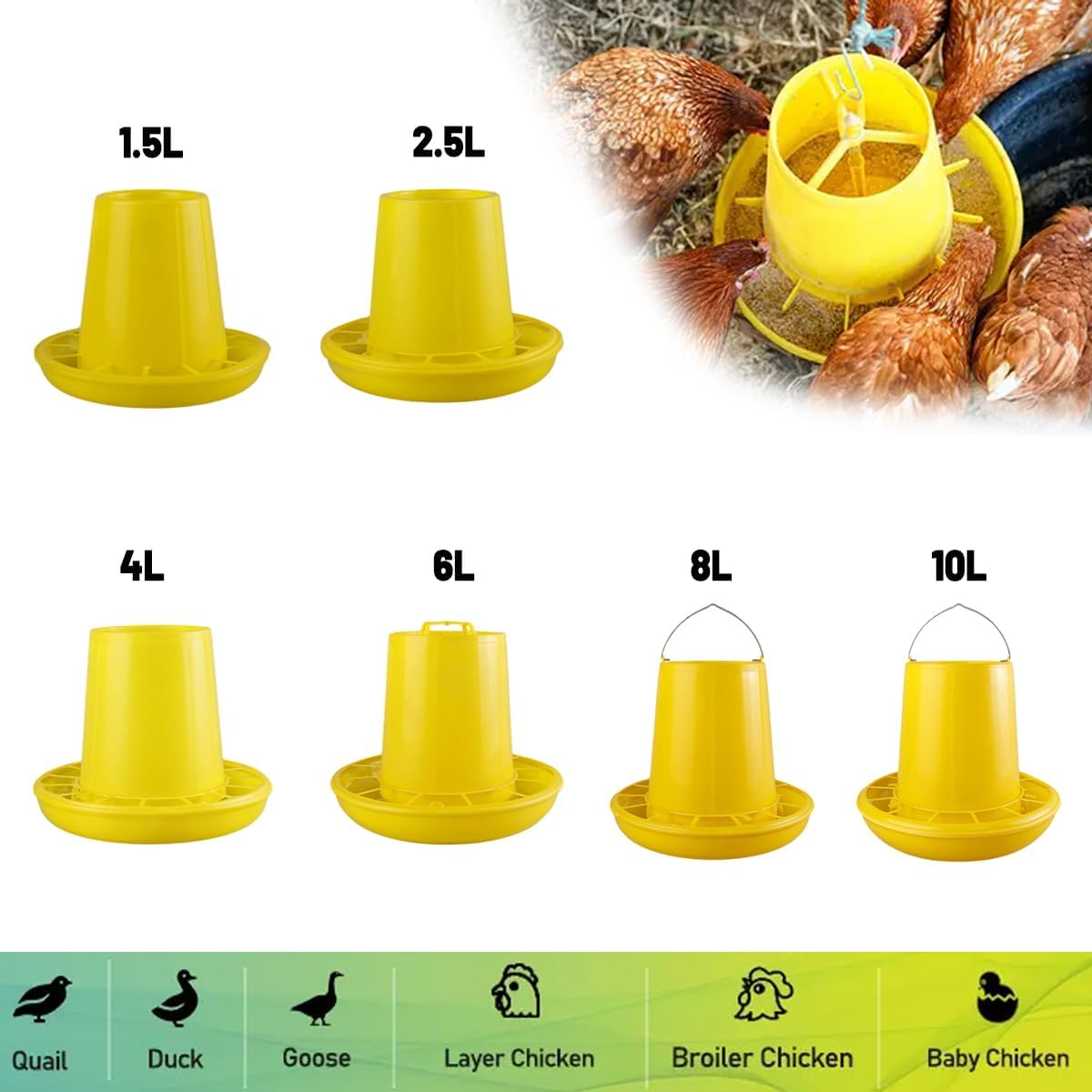 AIMALL Plastic Chicken Feeder Barrel with Anti-Snatch Dividers, 1.5L&ndash;10L Poultry Feed Trough for Farm Chickens and Hens, Hanging and Ground Feeding Basin image number 1