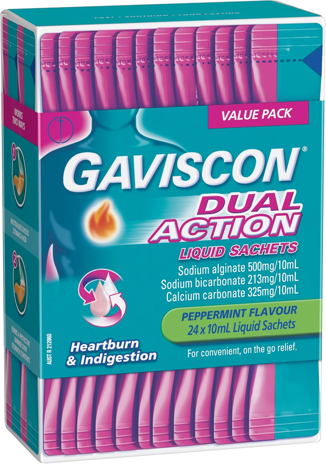 Gaviscon Dual Action Heartburn and Indigestion Relief Liquid Sachets Peppermint Flavour 24 X 10Ml