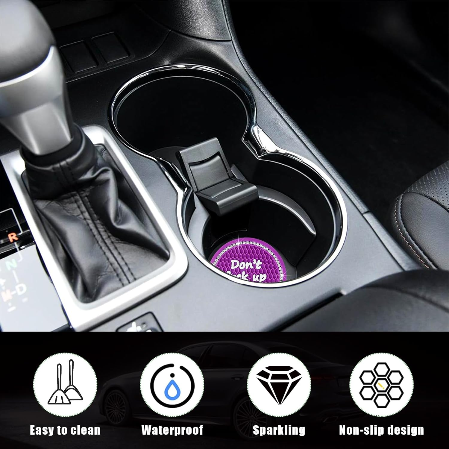 Ziciner 4 Pack Bling Car Cup Holder Coaster, 2.75 Inch Anti-Slip Auto Insert Cup Coaster, Crystal Car Drink Cup Mat Perfect for Women Girls, Universal Interior Decor Accessories (Purple) - Black, 4 Pcs image number 4