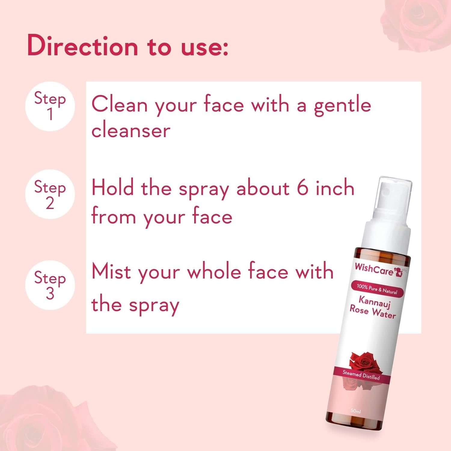 Wishcare&reg; 100% Pure & Natural Rose Water - for Skin, Face & Hair - Steam Distilled - Kannauj Gulab Jal - Spray Skin Toner - Free from Paraben, Alcohol & Chemicals - 50 Ml image number 6
