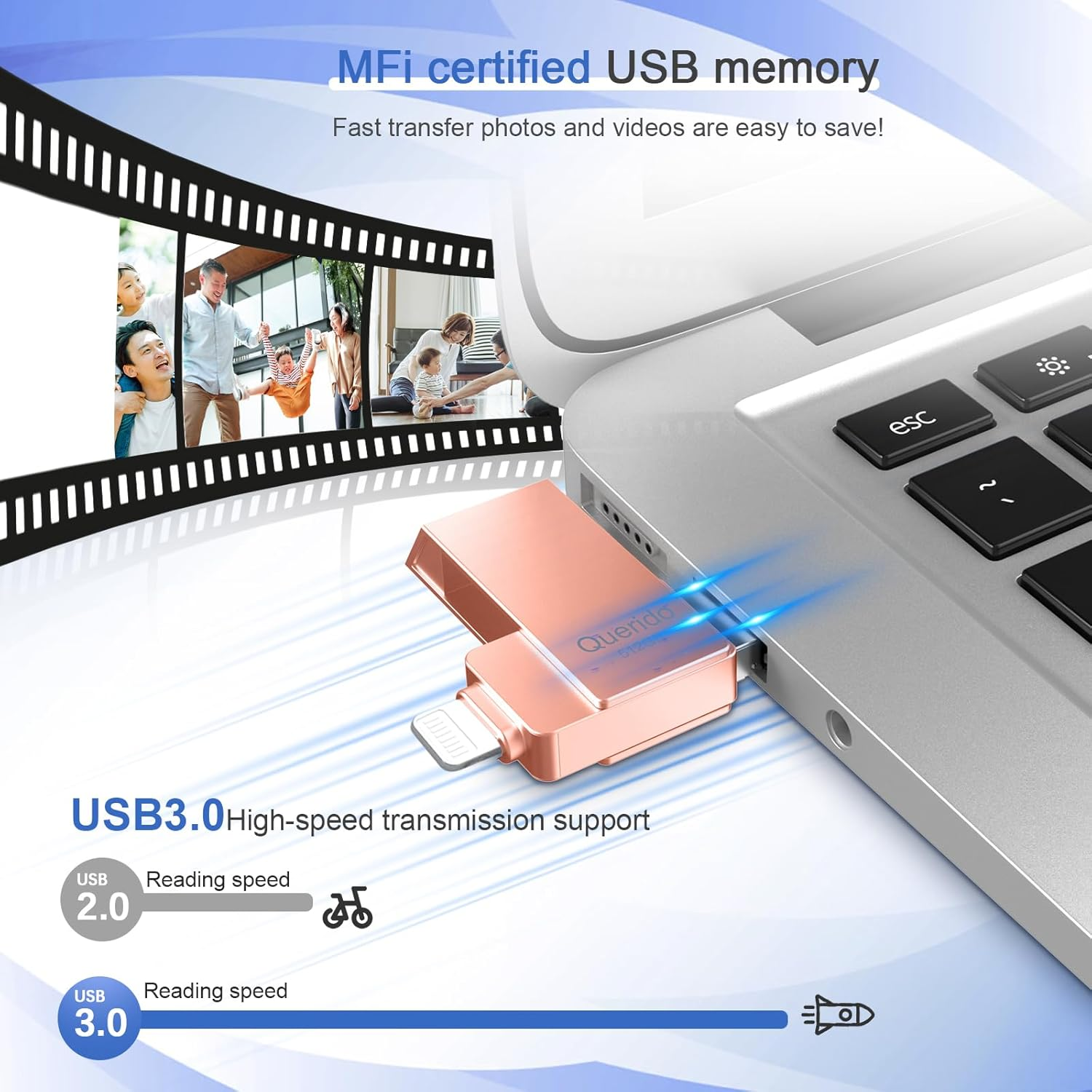 Querido Apple Mfi Certified 512G USB 3.0 Flash Drive for Iphone, Photo Stick, Thumb Drive, External Storage for Pc/Ipad/More Devices - Pink image number 4