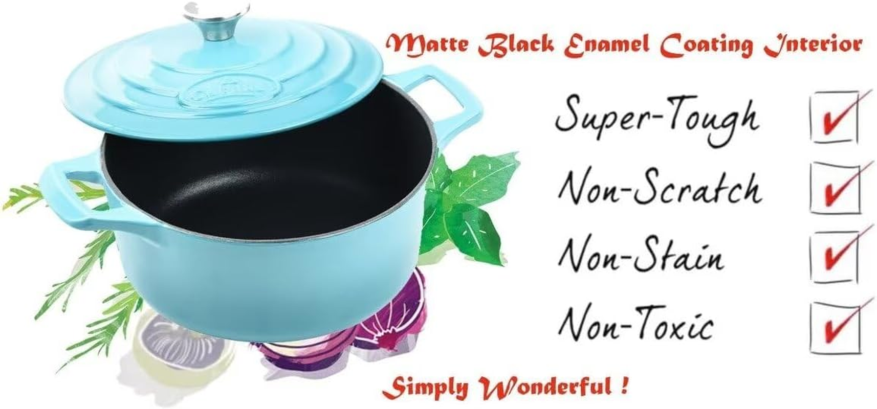 La Cuisine 26Cm Enameled Cast Iron Covered Dutch Oven, Casserole, Pot, French Oven, 5-Quart (QT) - Matte Black Enamel Coating Finish Interior, Teal Porcelain Enamel Exterior Oven Safe image number 5