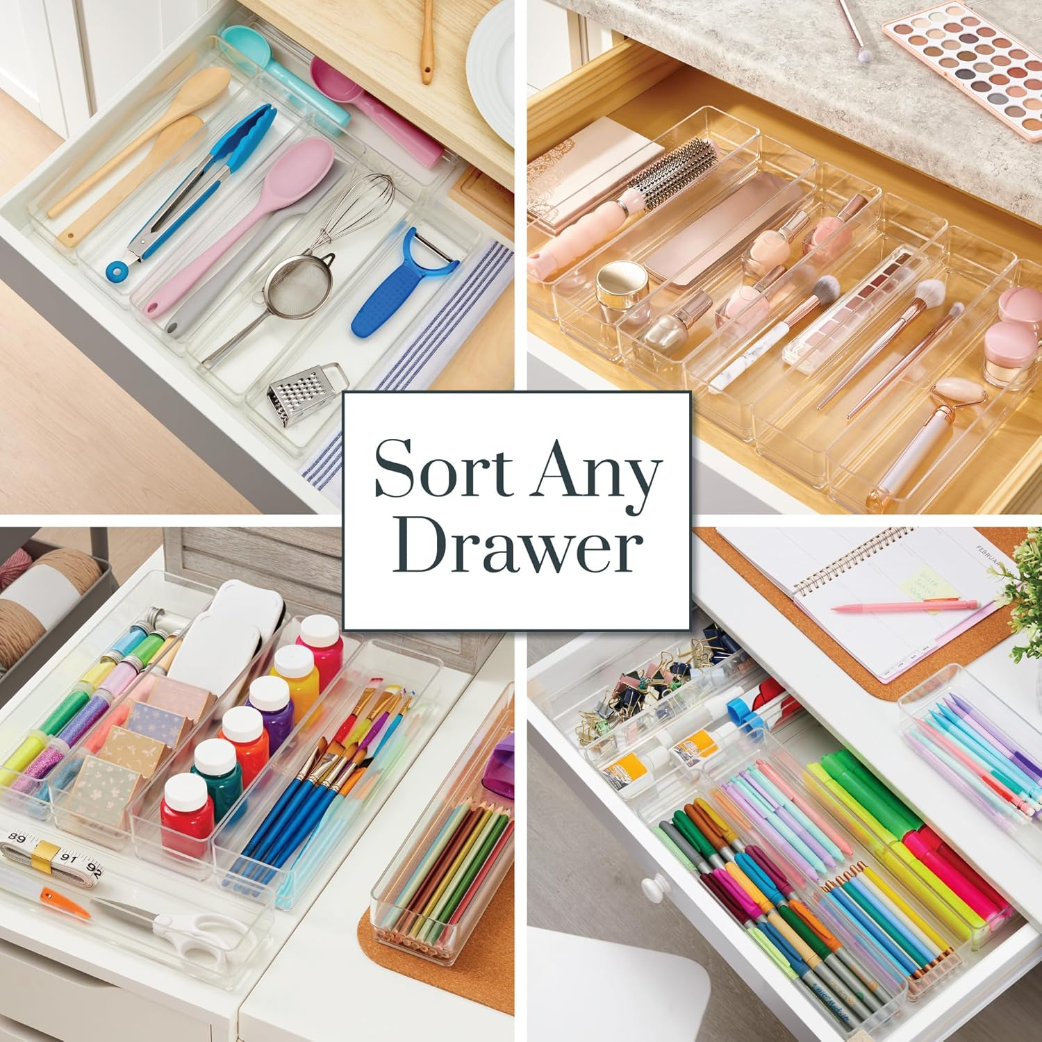 Stori Simplesort 6-Piece Stackable Clear Drawer Organizer Set | 12" X 3" X 2" Rectangle Trays | Narrow Makeup Vanity Storage Bins and Office Desk Drawer Dividers | Made in USA image number 4