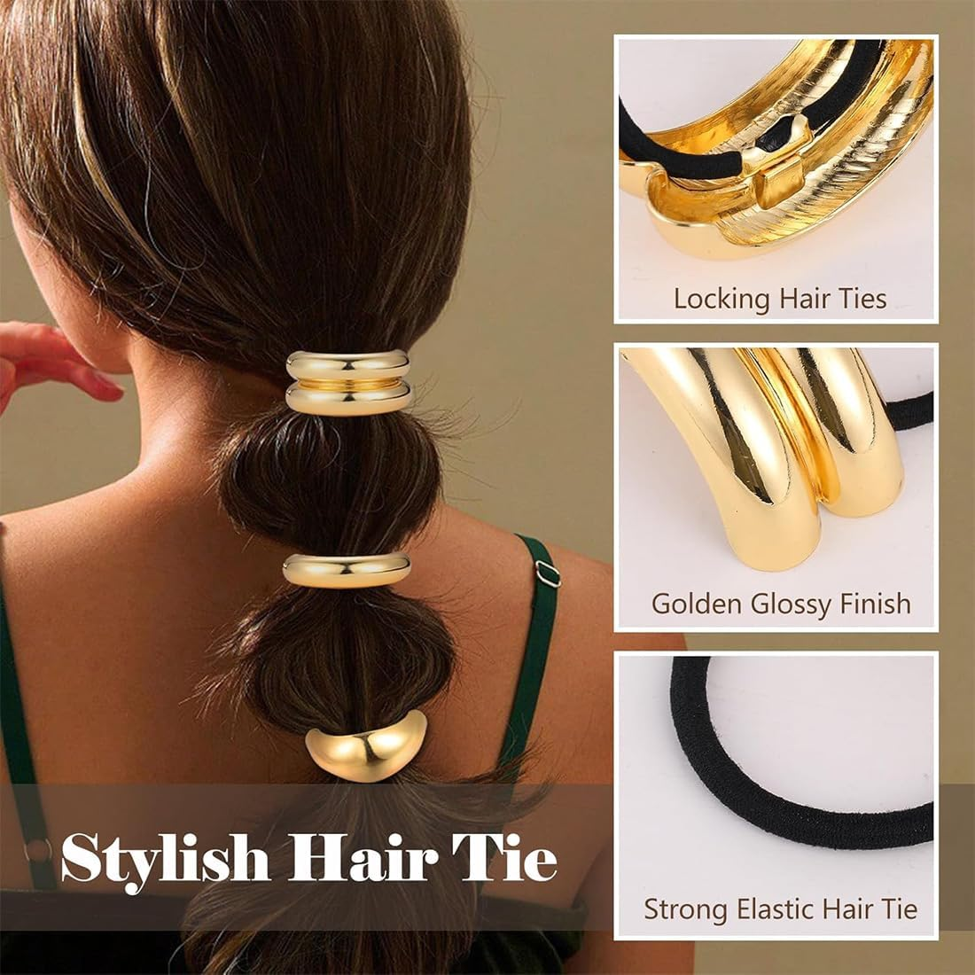 Pack of 6 Hair Accessories Gold, Metal Hair Cuffs, Elastic, Hair Clip Gold for Ponytail, Hair Accessory for Women and Girls image number 4