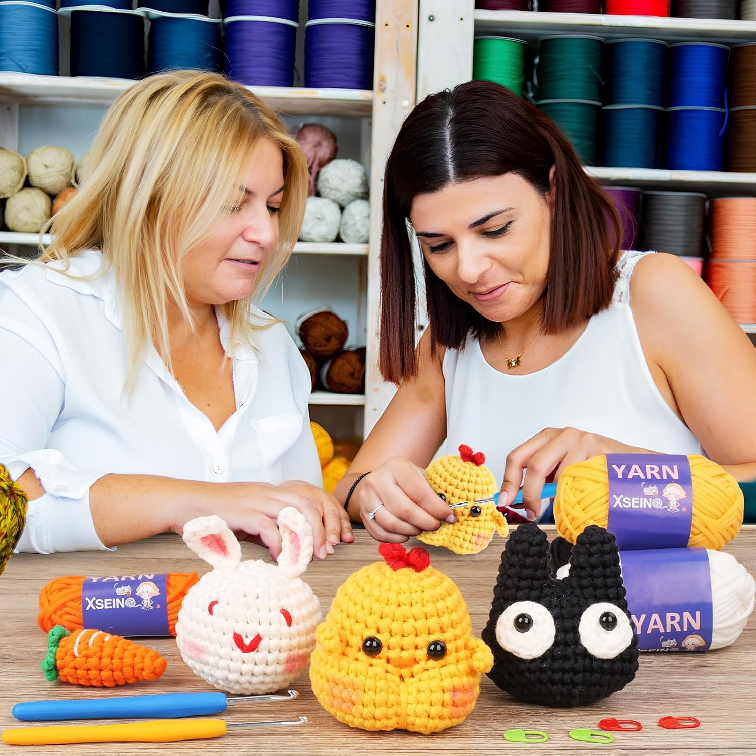 XSEINO Crochet Kit for Beginners,Crochet Start Kit with Step-By-Step Video Tutorials,Learn to Crochet Kit for Adults and Kids - Cat,Chick,Rabbit,Carrot image number 6