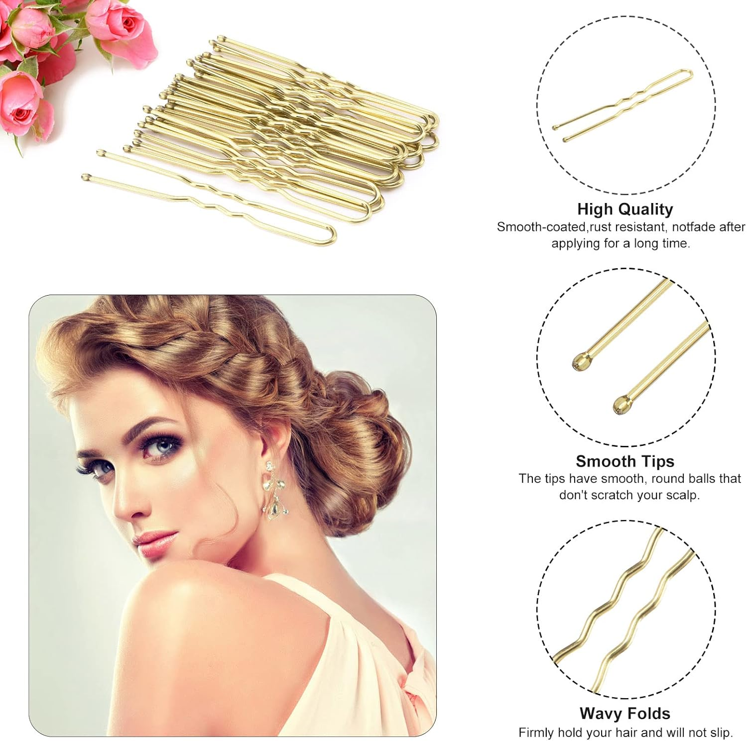 U Shaped Hair Pins, 200 Count for Women Lady Girls Bobby Pins French Historical Hair Pin Hair Styling Pins Hair Accessories, Blonde, 2.4 Inch - Black image number 5