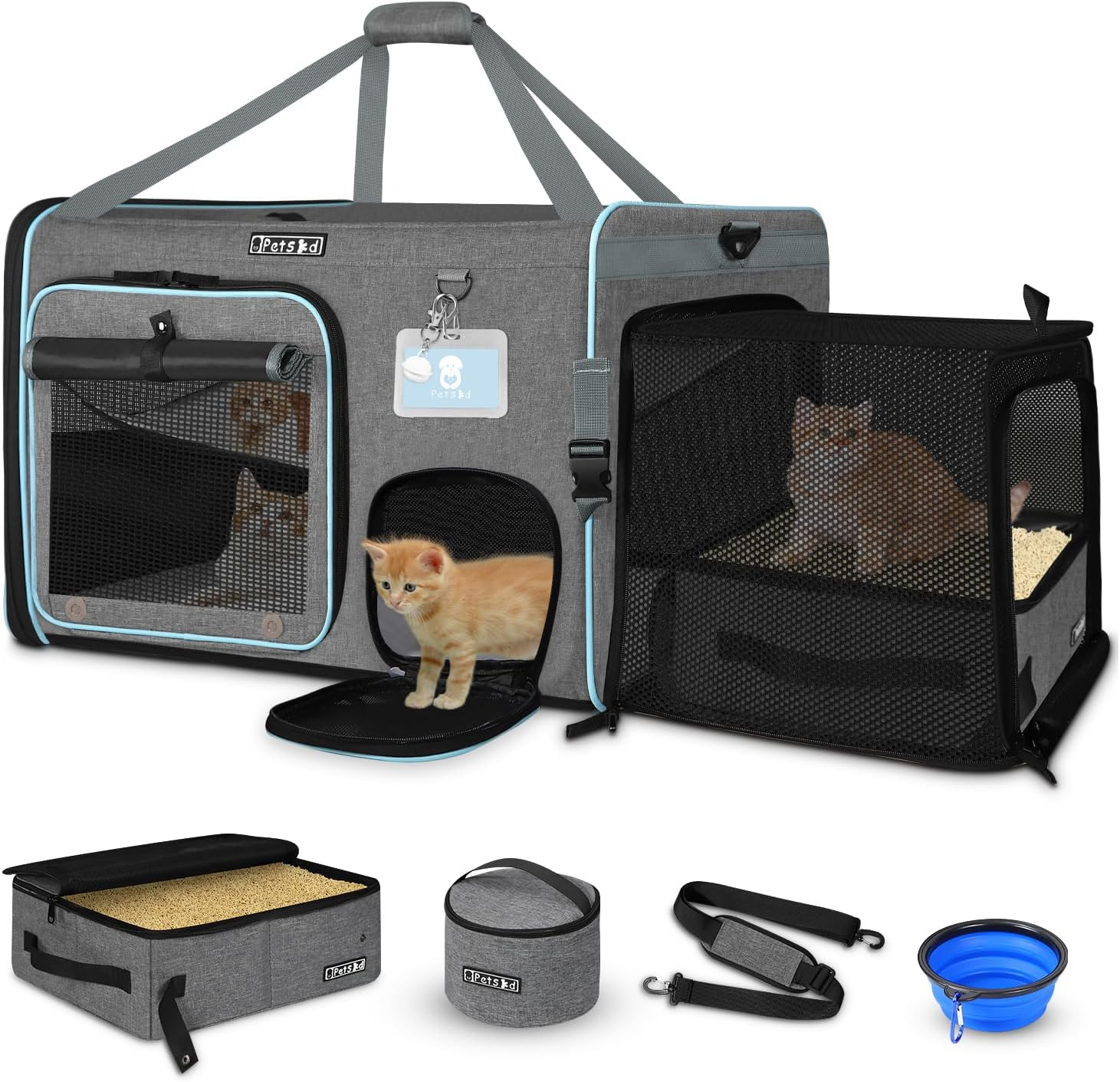 Petskd Side Expandable Extra Large Cat Car Carrier with Collapsible Litter Box for Long Distance Travel,24"X17"X17" Portable Soft Sided Pet Carrier with Roller Shades for 2 Cats up to 55Lbs(Blue)
