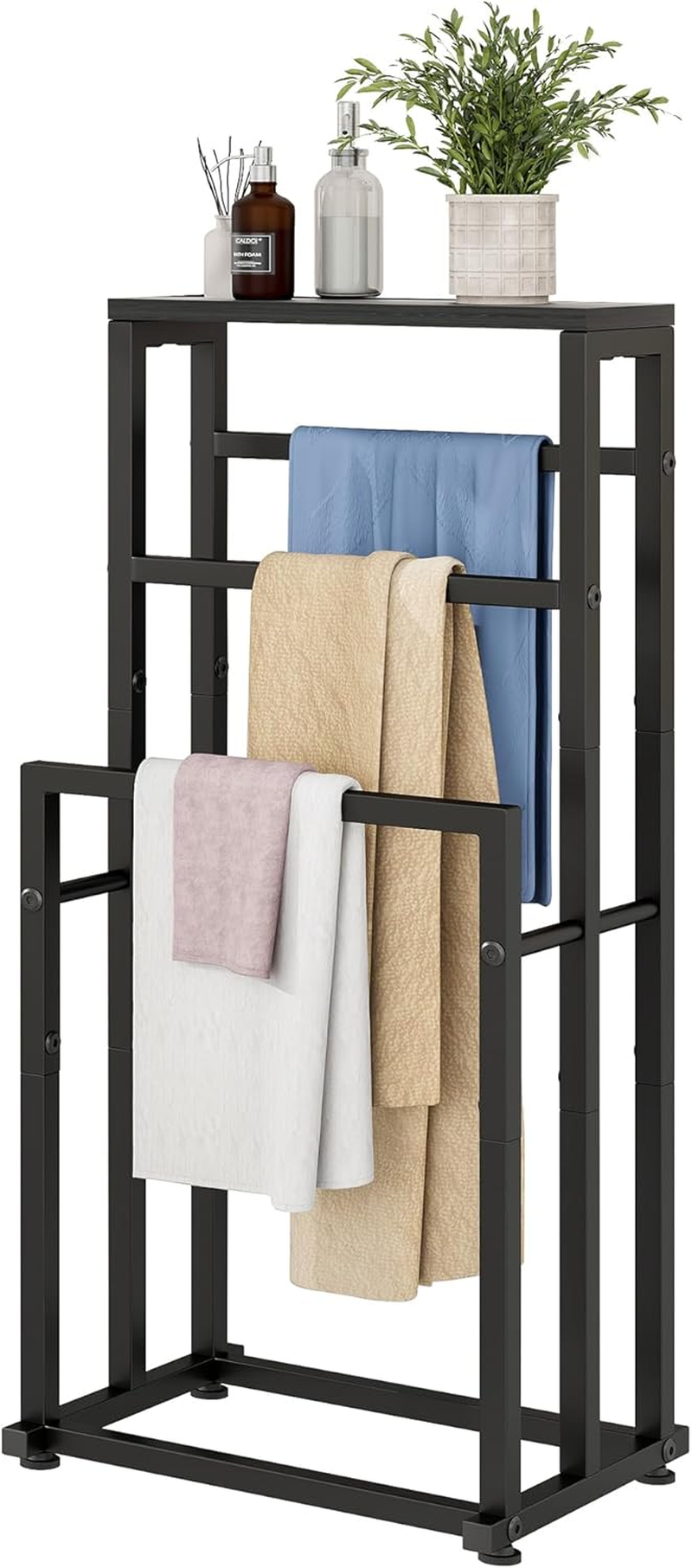 VERFARM Freestanding Towel Rack for Bathroom, 3 Tier Metal Blanket Ladder Holder Pool Drying and Display Rack with Shelf for Bedroom Living Room (Black) image number 1