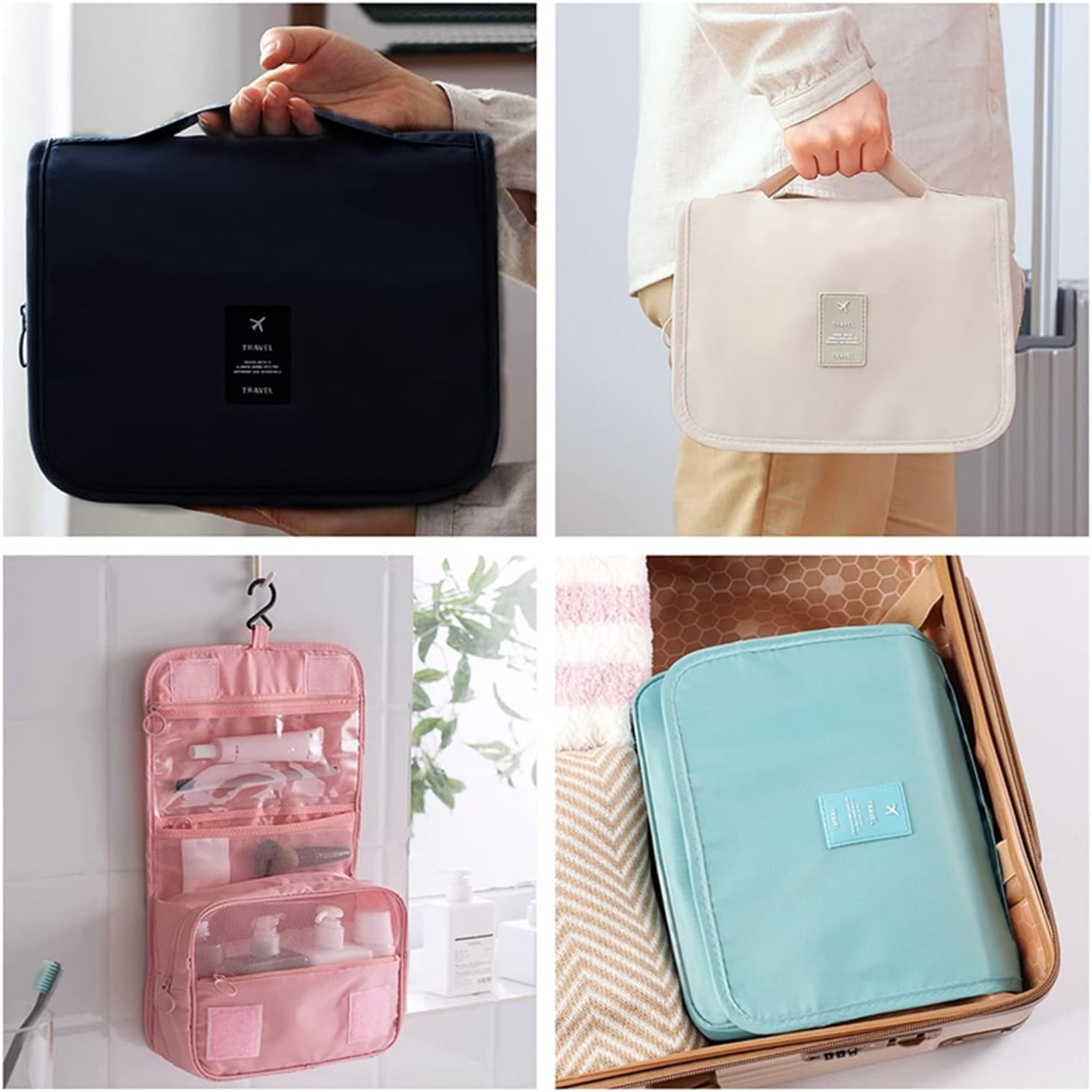 JCZD Hanging Toiletry Bag, Travel Wash Bag for Women Portable Folding Cosmetic Organizer Large Capacity Girls Makeup Bag Waterproof Shower Bag with Separate Compartment (Black) - Beige image number 4