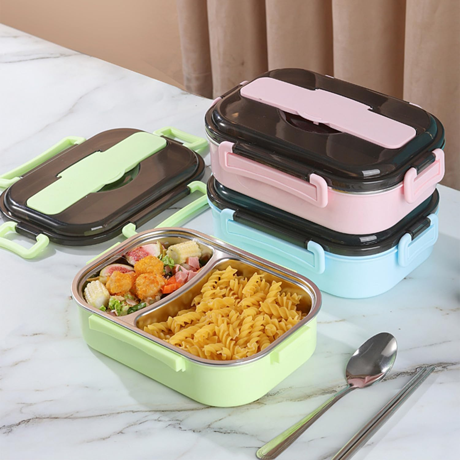 Yharnamite Thermal Lunch Box, 2-Compartment Stainless Steel Keep Warm Lunch Box Portable Leakproof Insulated Lunch Box with Cutlery Holder for Students, Office Workers, Travel (Blue) - Pink image number 5