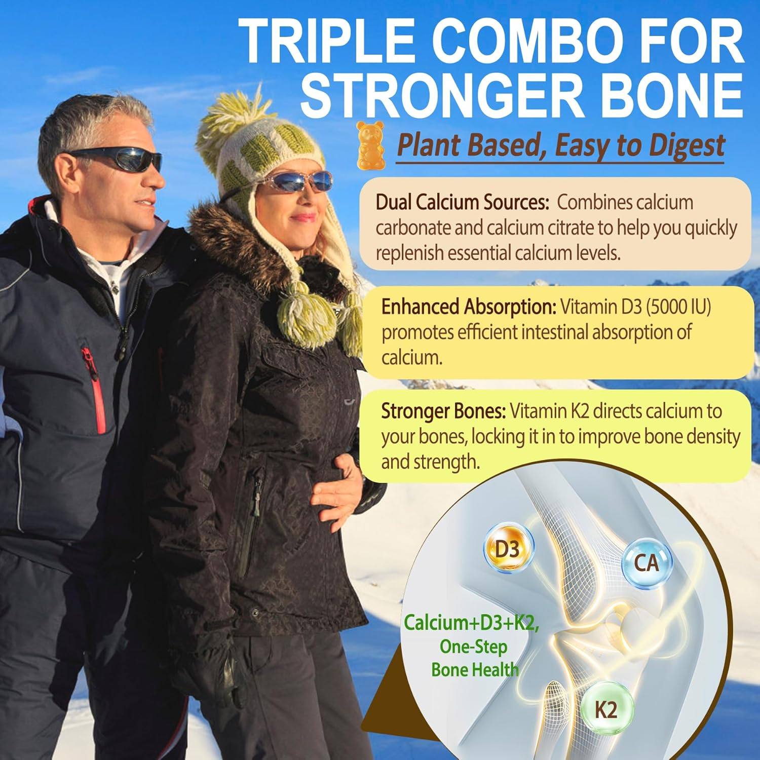 Vitamin D3 K2 Gummies with Calcium - Vegan D3 5000 IU + K2 200Mcg + Calcium 600Mg - Plant-Based Bone, Immune Support Supplement with Coconut Oil for High Absorption - Sweet Citrus Flavor - 120 Counts image number 6