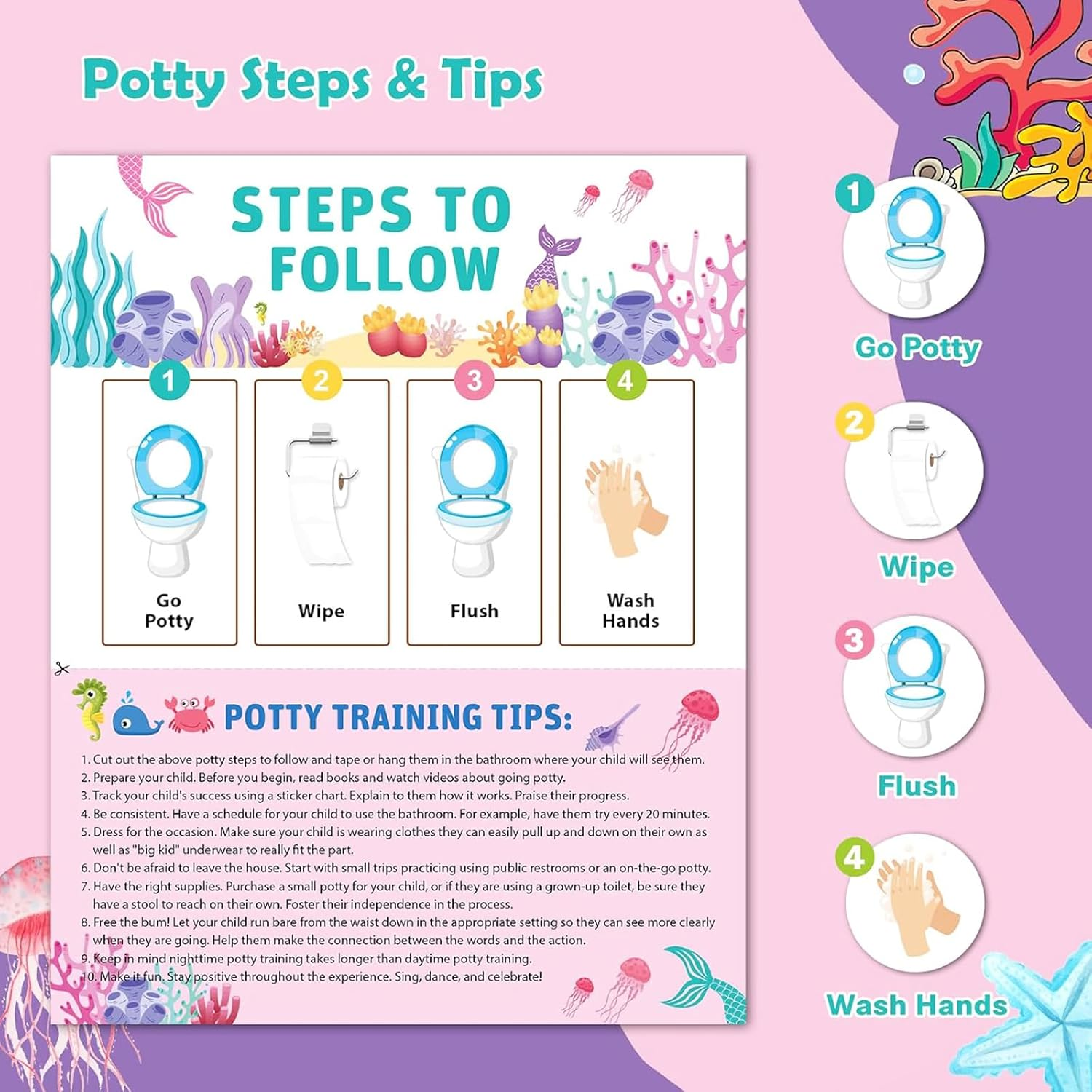 Potty Training Sticker Chart, Cartoon Potty Chart with Stickers, 15Pcs Potty Training Chart Potty Reward Toilet Sticker (Mermaid) image number 3