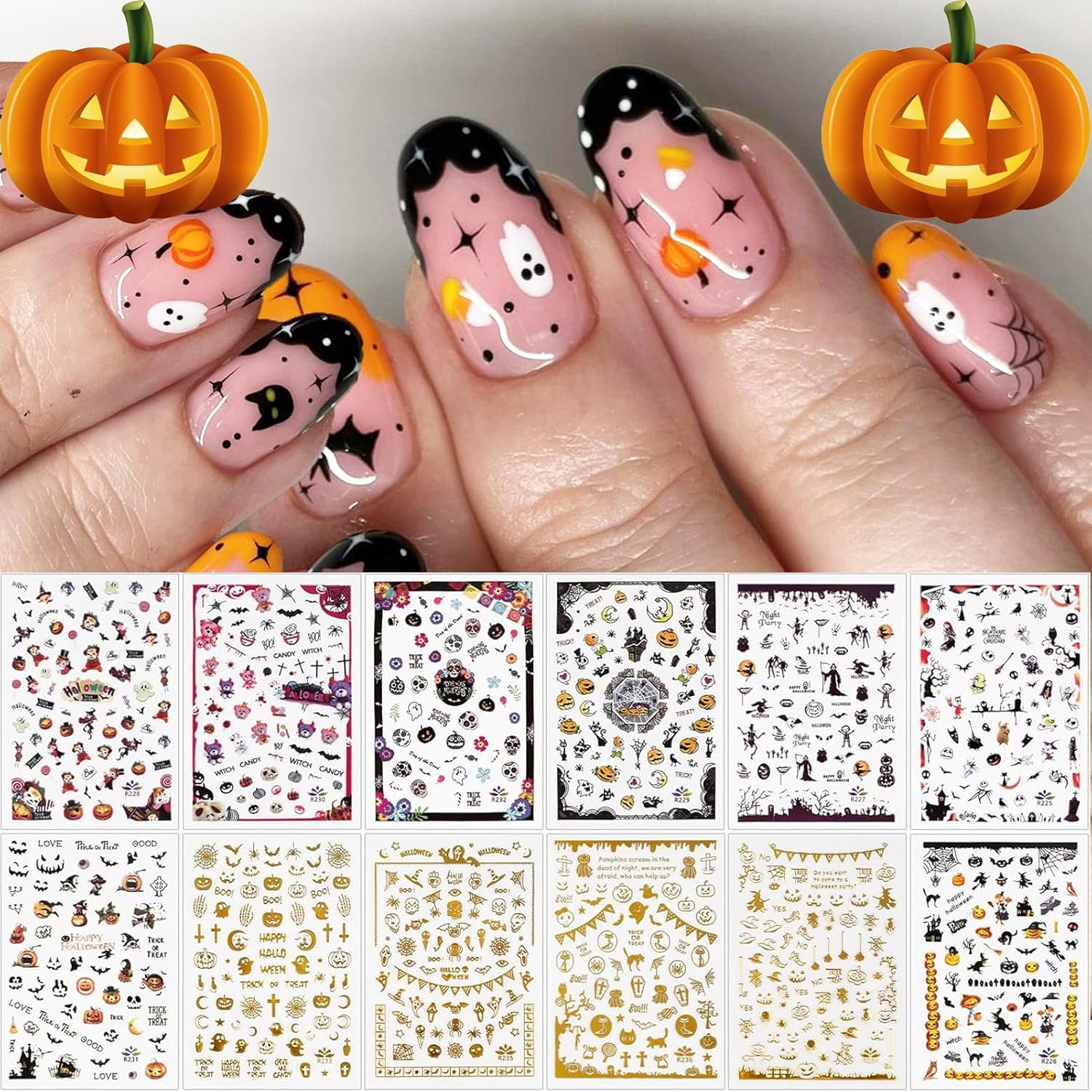 840 Pcs Halloween Nail Art Stickers, 12 Sheets Self-Adhesive DIY Nail Decorations for Halloween Party image number 5
