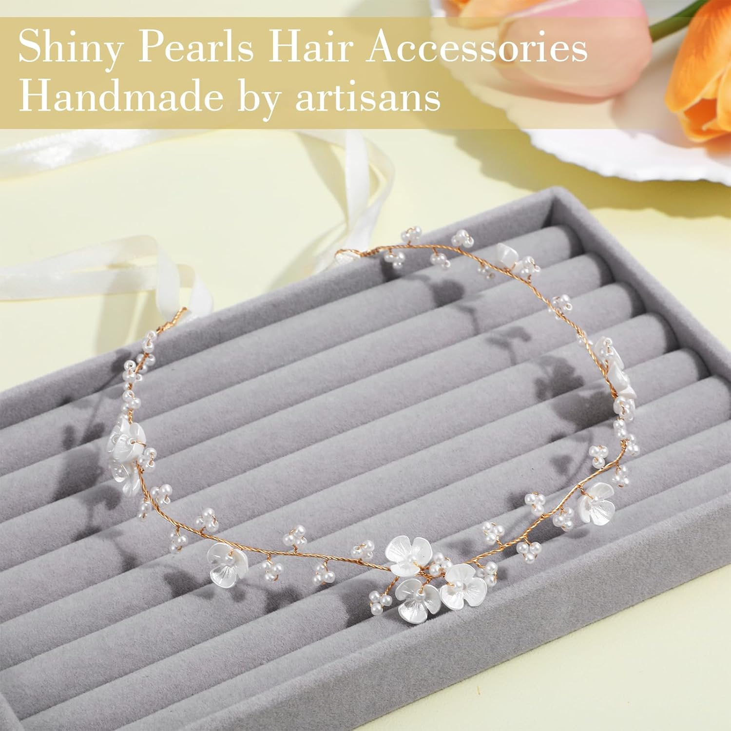 Flower Crown for Girls, Bridal Pearl Headband Women Floral Crowns for Wedding and Birthday, Flower Girl Hair Accessory Headpiece for Party and First Communion image number 1