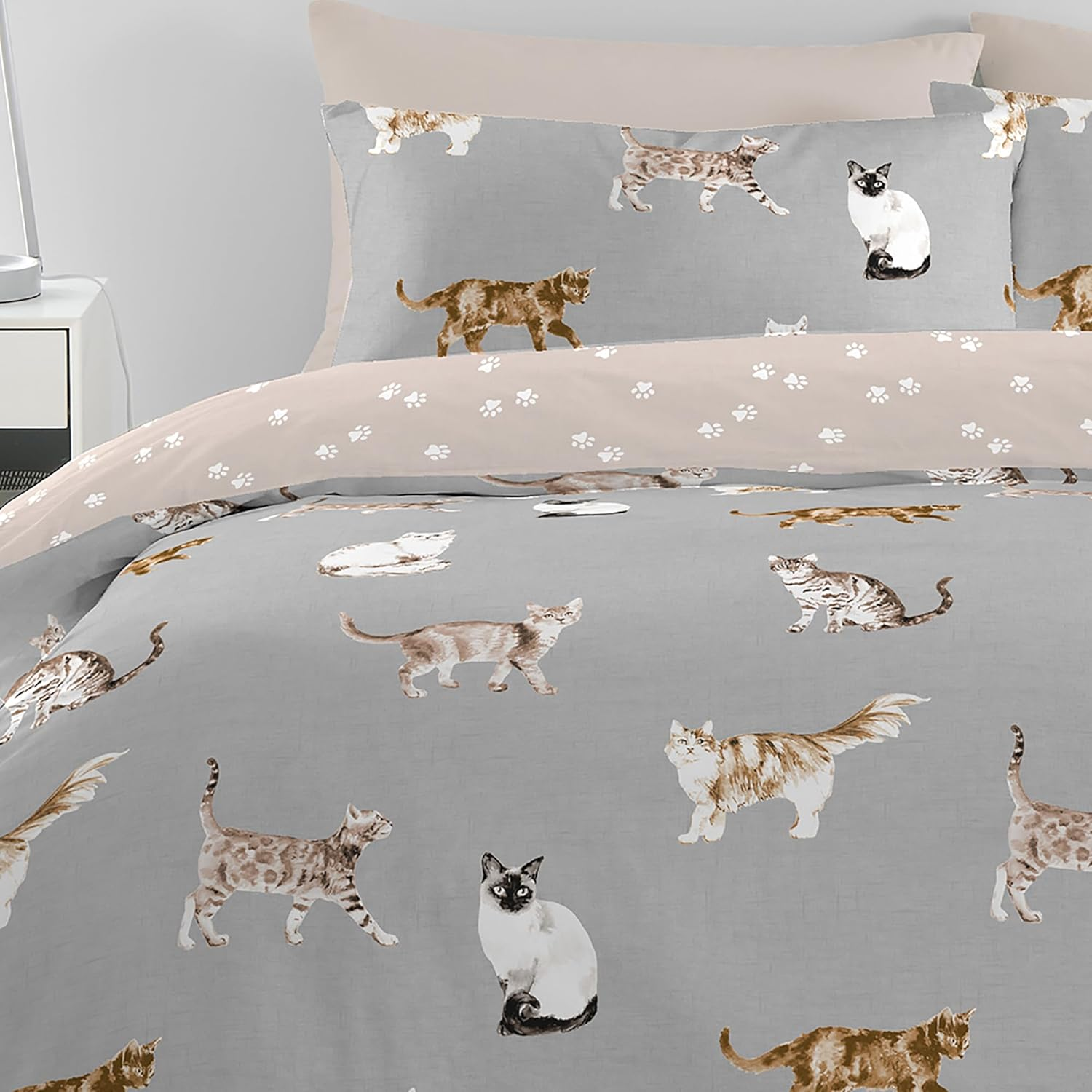 Fusion - Grey Cat Duvet Cover - Single Bedding Size (140 X 200Cm) - Reversible Design (Pink & Grey) - Cat Paw Print Bedding - Animals Print Bedding - Siamese, Persian, Ragdolls and Black Cats image number 2