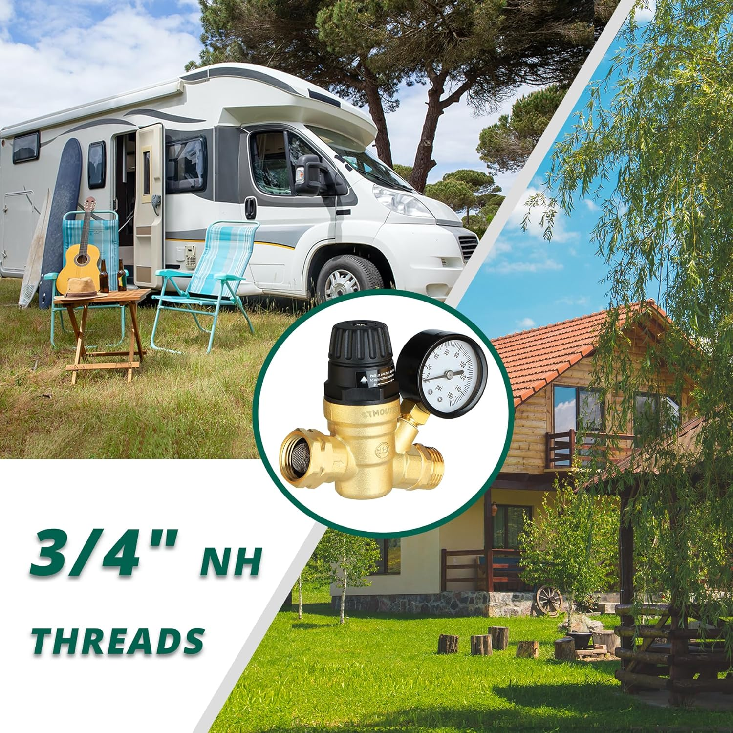 RV Water Pressure Regulator for RV Camper. Brass Lead-Free Adjustable Camper Water Pressure Regulator with 0-160 PSI Gauge ，Reducer Valve W Filter，Package Includes 1 Raw Tape for Water Pipes. image number 4