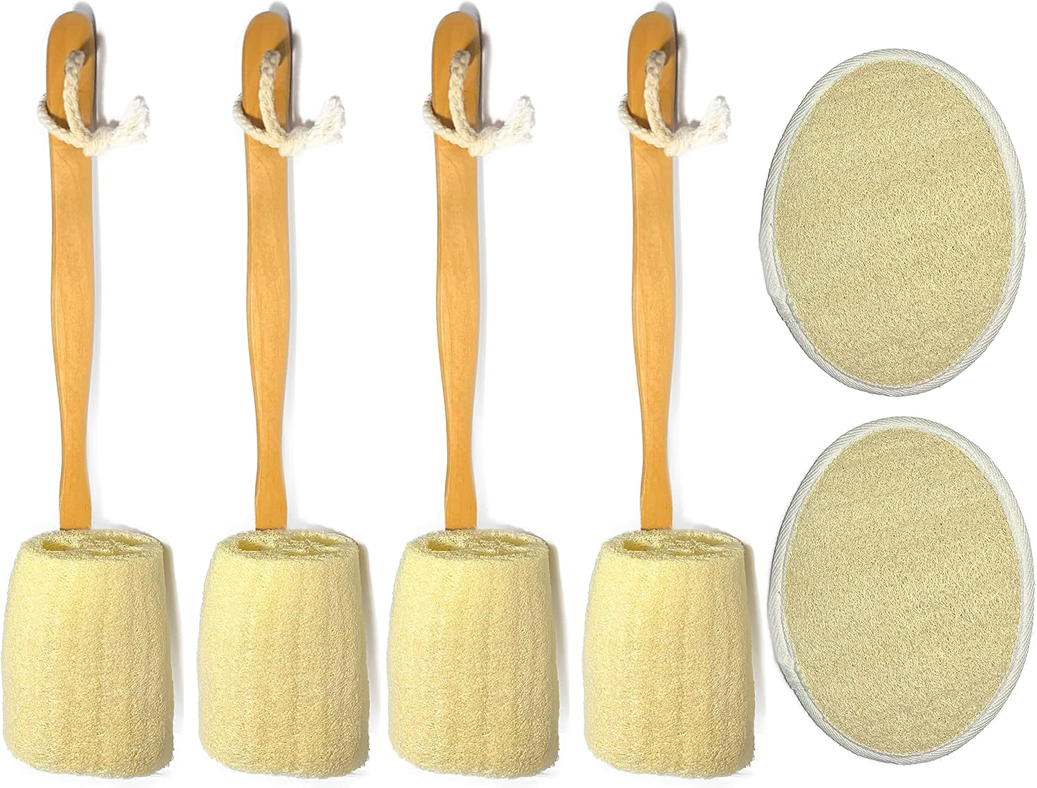 6 Pcs/Set - 4 Natural Exfoliating Loofah Luffa Loofa Bath Brush on a Stick - with Long Wooden Handle Back Brush for Men & Women - 2 XL Large Exfoliating Body Pad - Shower Sponge Body Back Scrubber image number 1