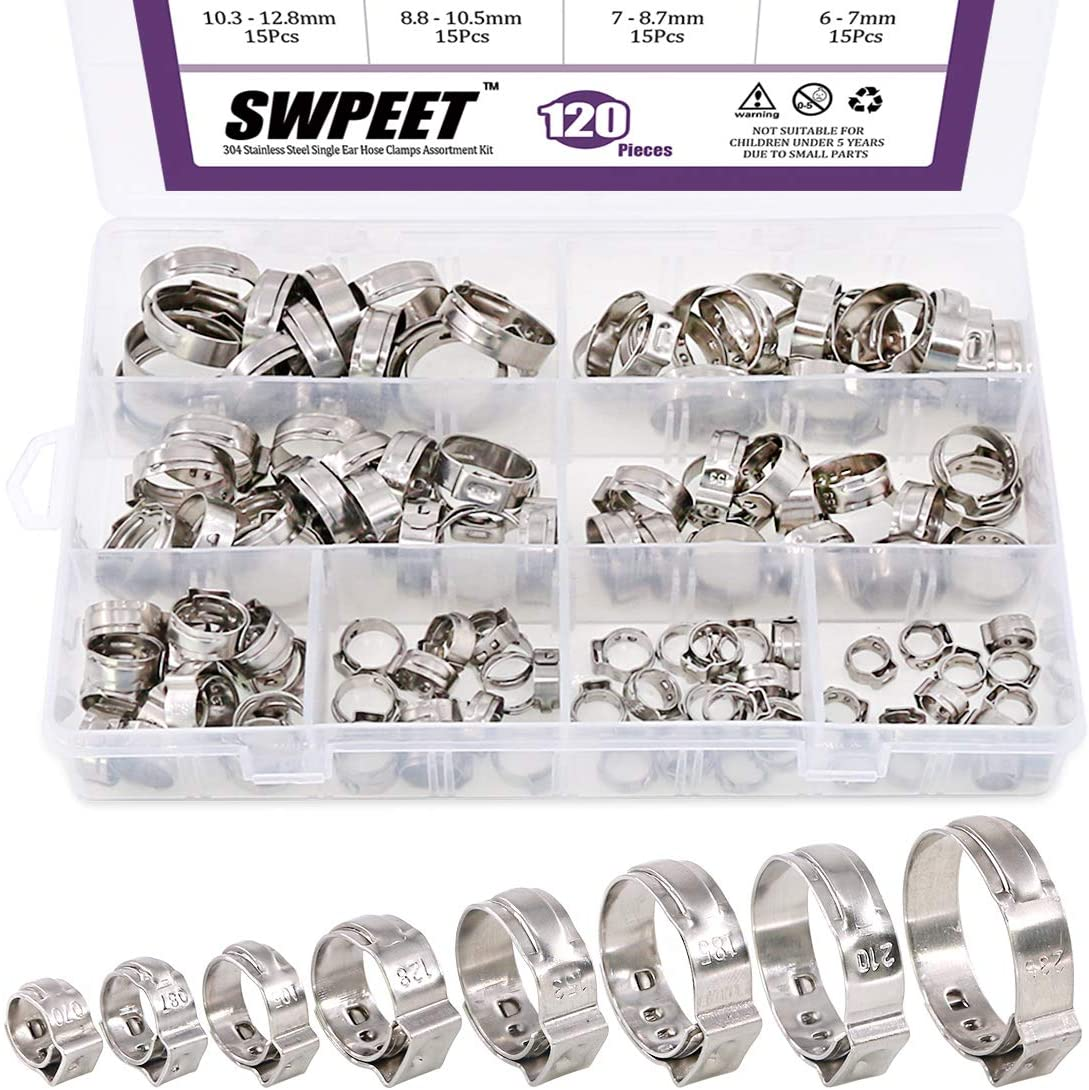 Swpeet 120Pcs 8 Sizes 304 Stainless Steel Single Ear Hose Clamps, Crimp Hose Clamp Assortment Kit Ear Cinch Rings Crimp Pinch Fitting Tools Perfect for Automotive, Home Appliance Line