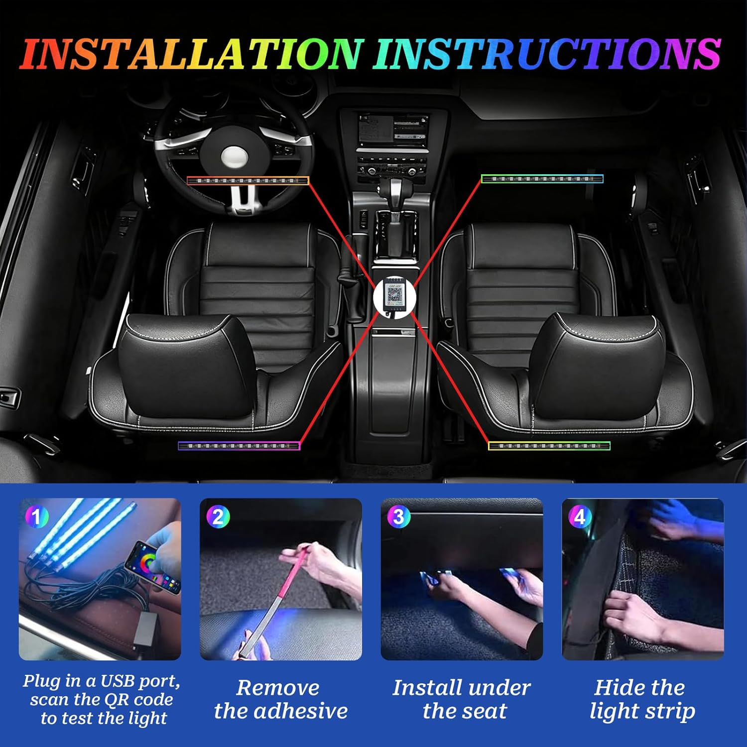 4-In-1 Car Interior Lights, Ambient Strip Lighting for Car, APP Control with USB Port & Music Sync Color Change, 48 LED, Car Decoration for Jeep SUV Truck image number 2