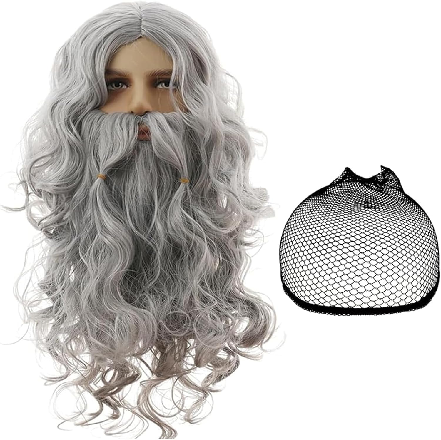3Pcs Long Gray Wig for Men Costume with Wig Cap and Beard Men&rsquo;S Cosplay Synthetic Layered Hair Wigs Silver Man Wig for Adults Men'S Wig for Costumes Cosplay Christmas Halloween Carnival Parties Anime image number 3