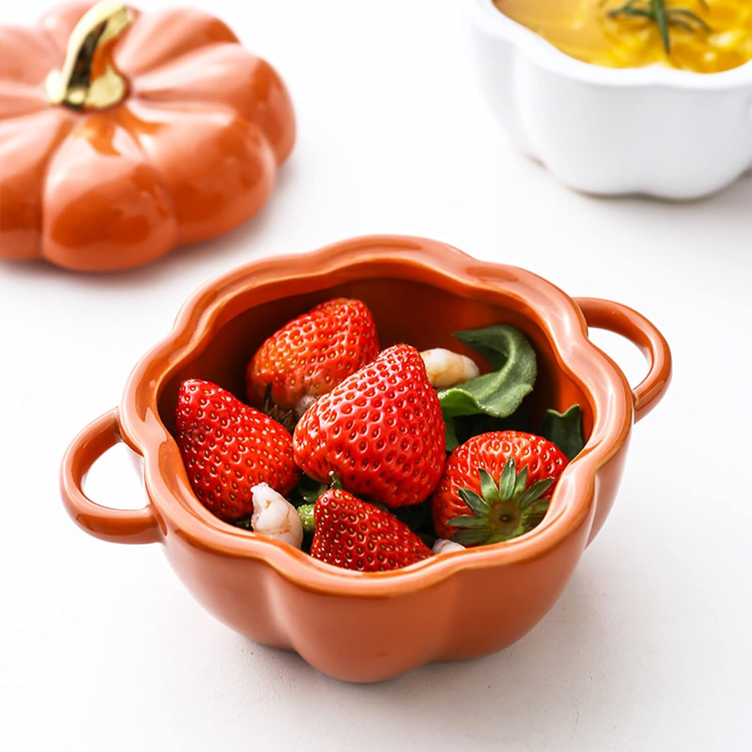 Dutch Oven Pot with Lid, Pumpkin Pottery Dessert Saucepan, Mini Baking Dish Cute Bowl, Covered Ceramic Stockpot, Pumpkin-Shaped Casserole (Orange) - Orange image number 5