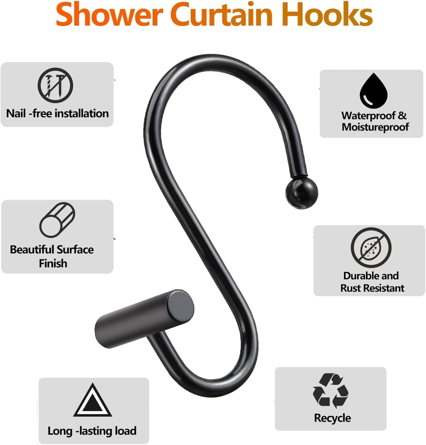 12 Pack Shower Curtain Hooks,Black Shower Curtain Hooks, Metal Durable Rust Proof, Smooth Glide S Hook for Bathroom, Shower Hook for Spa Center, Kitchen & Wardrobe S Hooks for Hanging (Black) image number 3
