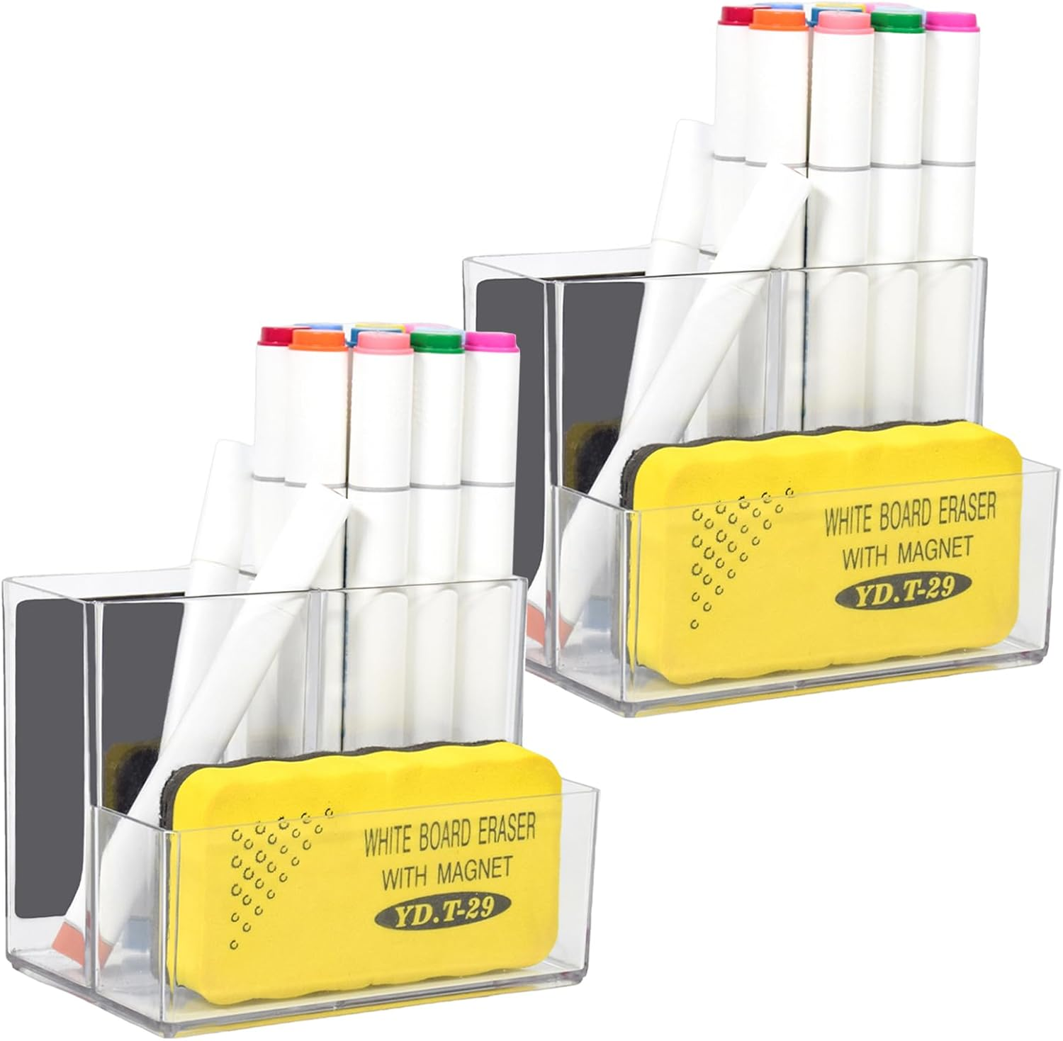 SAYEEC 2 Pack Acrylic Pen Holder Magnetic Dry Erase Marker Holder with 4 Magnet Sheets 3 Compartments Clear Desk Makeup Brush Organizer Pencil Cup Caddy for Fridge Whiteboard Cosmetic Office School