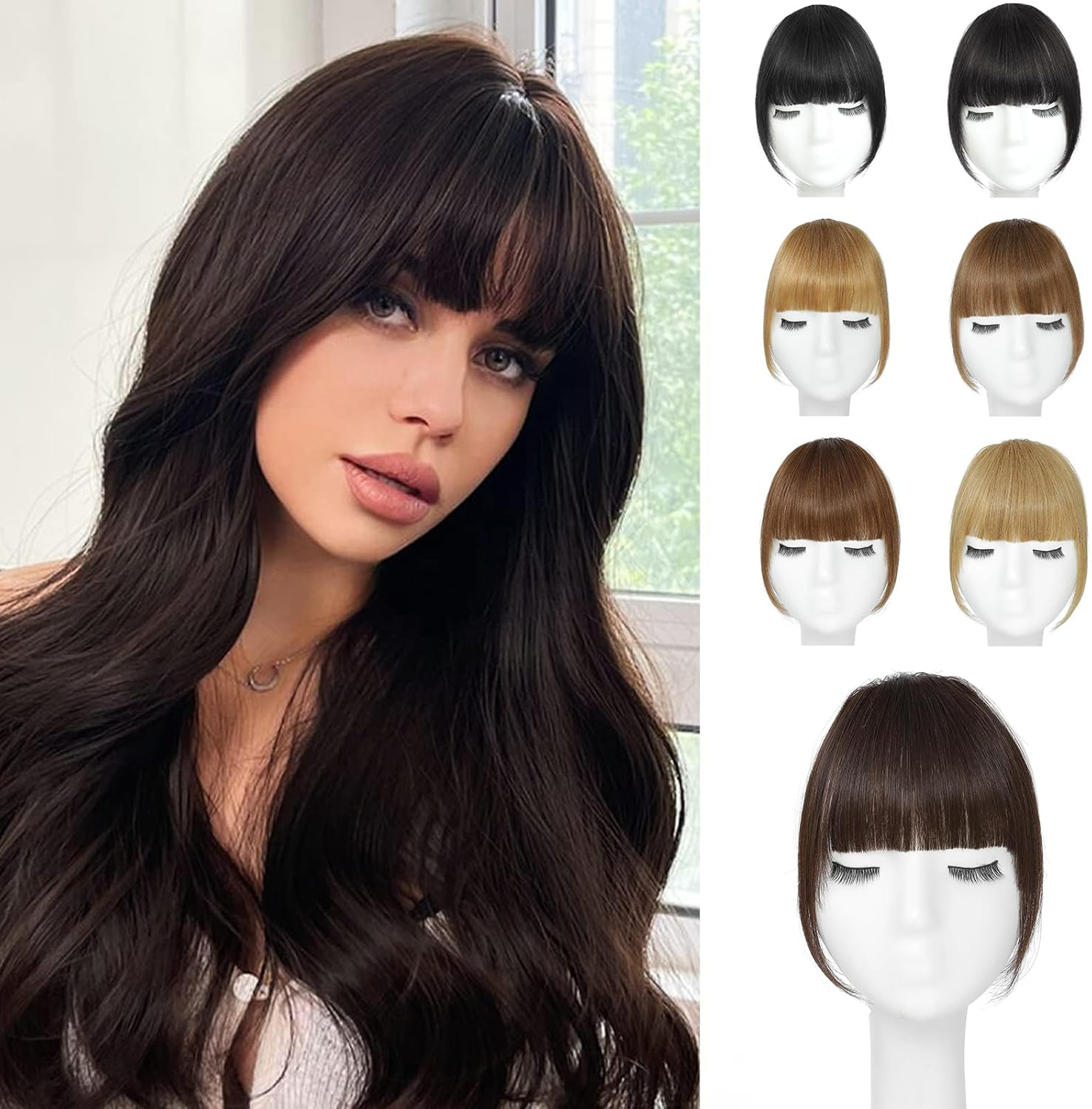 YBYMCAI Clip in Bangs - Dark Brown Human Hair French Curtain Bangs for Women - Clip on Bangs with Temples - Wig Hair Extensions for Daily Wear