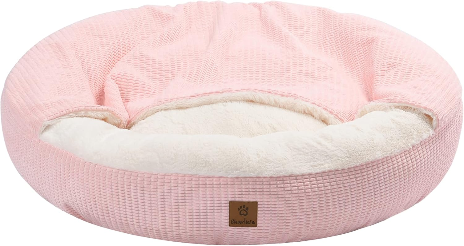 Charlie'S Calming Hooded Pet Bed, Dog, Puppy & Cat Luxury Burrowing Cave, Machine Washable, Anti-Anxiety Plush Donut Cuddler Blanket, round Soft Cozy Padded Nest, Pink, Large 90X90X20Cm image number 1