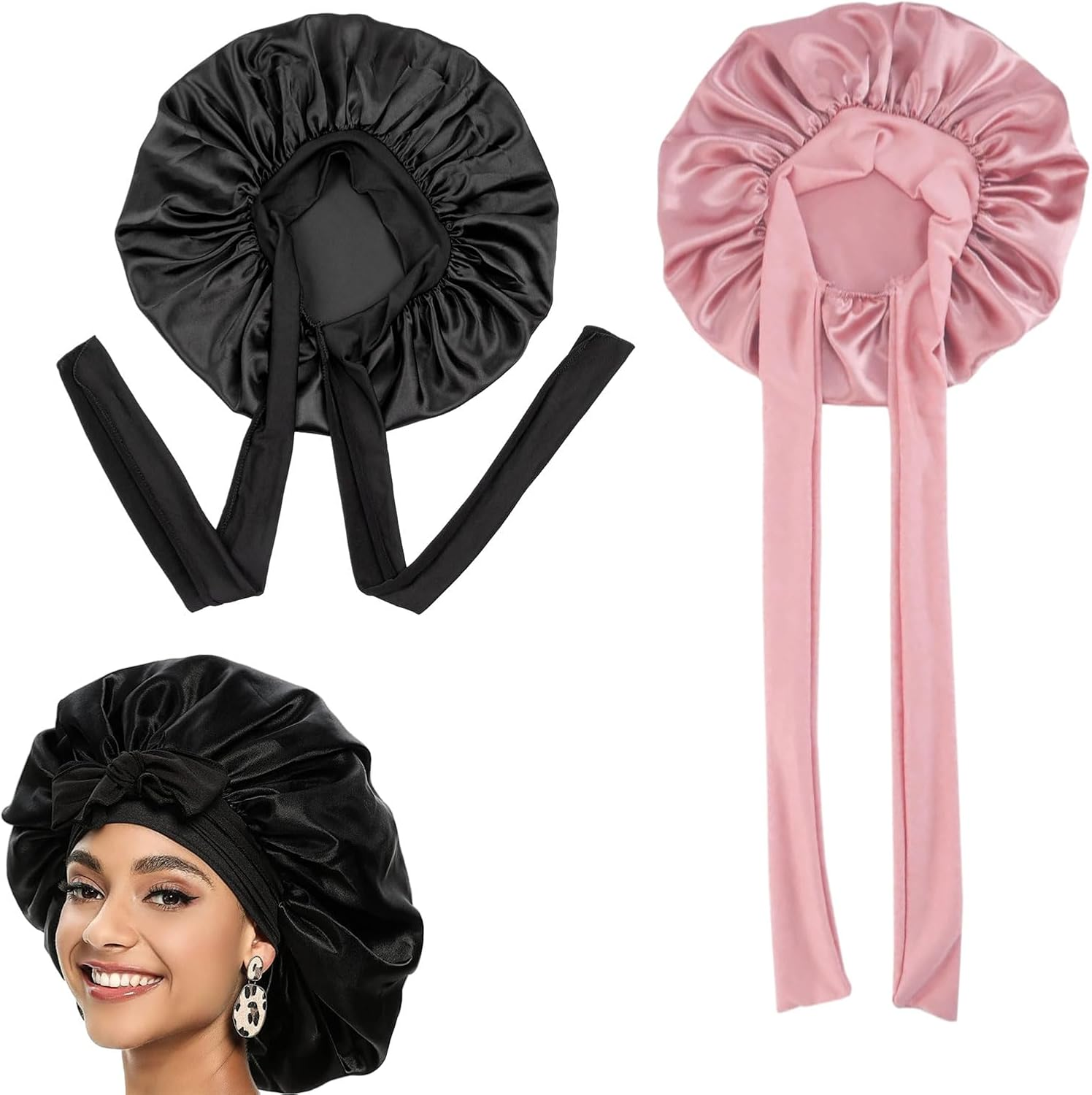 2Pcs Silk Satin Bonnet,Silk Hair Wrap for Sleeping,Silk Bonnet Hair Wrap for Sleeping,Tie Band for Women Long Curly,Silk Bonnet Sleep Cap for Curly Hair Perfect for Women Washing, Makeup, Sport, image number 1