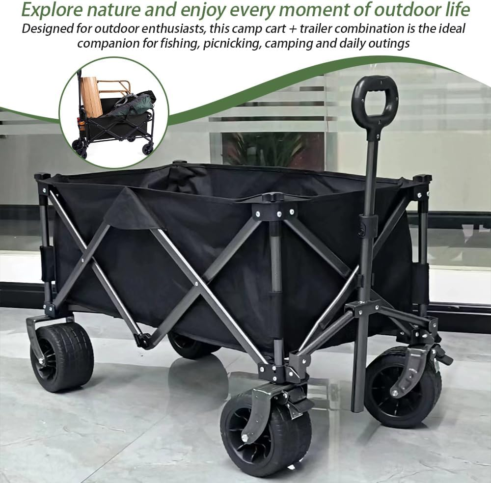 Collapsible Camping Cart with 360 Degree Swivel Wheels & Adjustable Handle, Heavy Duty Utility Wagon, Collapsible Wagon Cart, Folding Trolley Swivel Wheels Transport Cart, 150Kg Weight Capacity image number 3