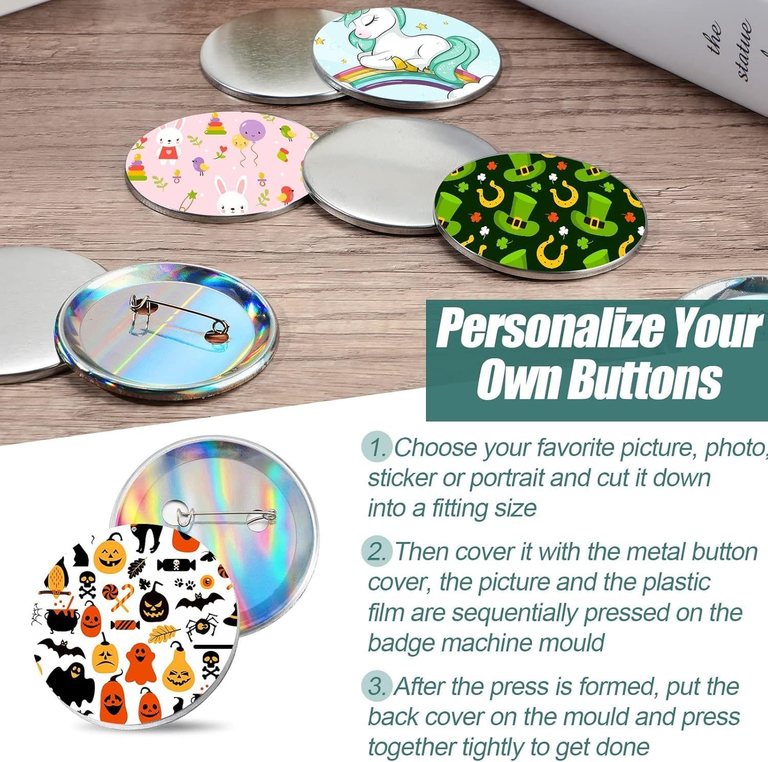 100 Pieces Blank Button Making Supplies round Badge Button Parts Metal Button Pin Badge Kit for Button Maker Machine, Including Metal Shells Back Cover and Clear Film (Tinplate,2.28 Inch) image number 3