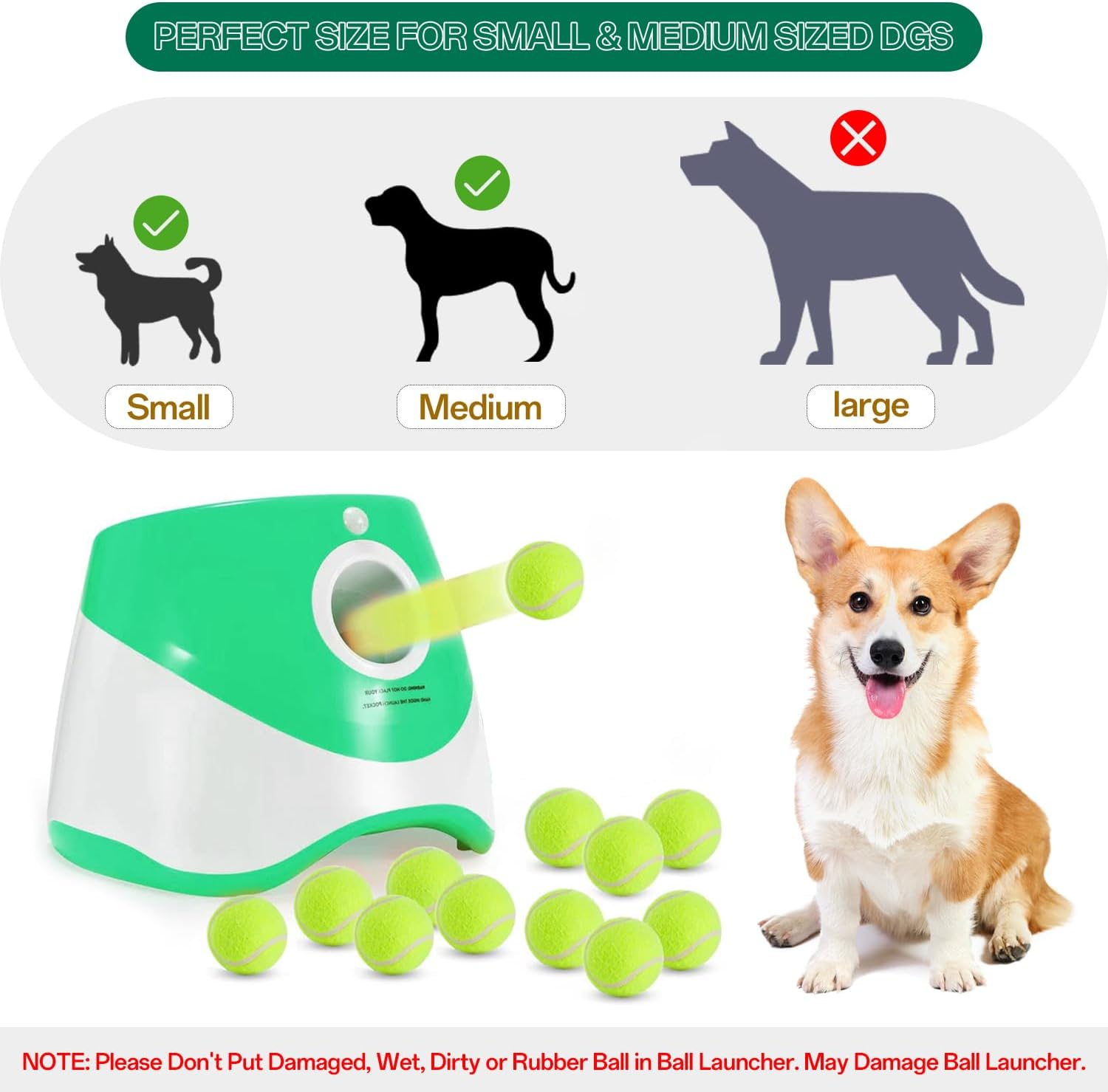 Automatic Dog Ball Launcher - Fetch Machine for Small Dogs, 3 Launch Distances, 12 Balls, Rechargeable (Green) image number 1