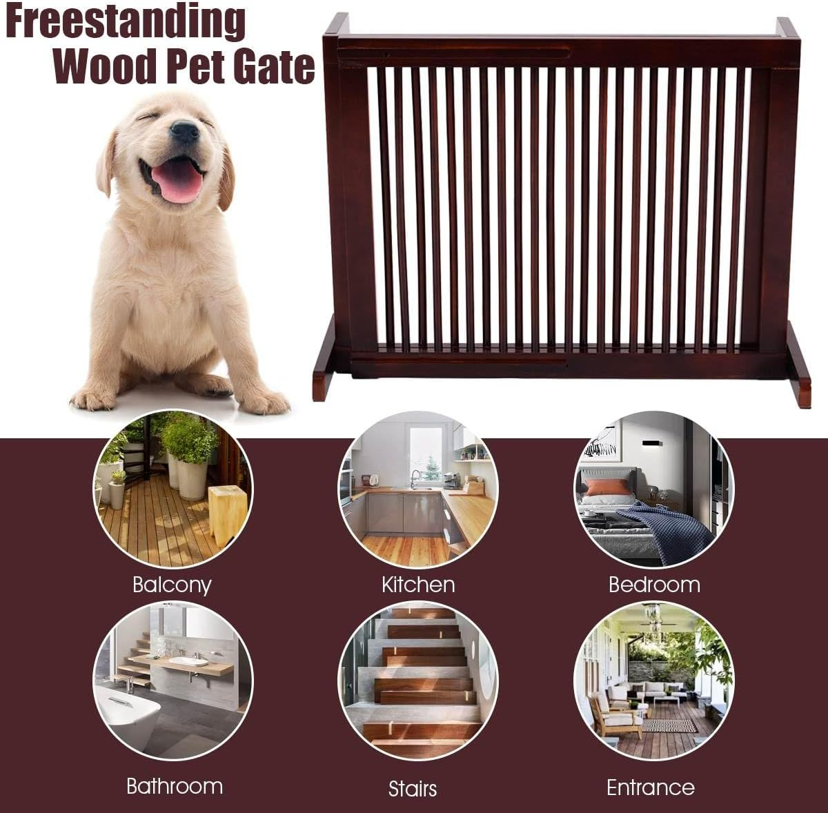 Costway 3 PCS Adjustable Pet Gate, Freestanding Pet Fence Made of Pine Wood, Step over Safety Gate for Small & Medium Pets, Non-Drilling Safety Gate for Stairs, Doorway, Corridor, Hallway, Kitchen image number 2