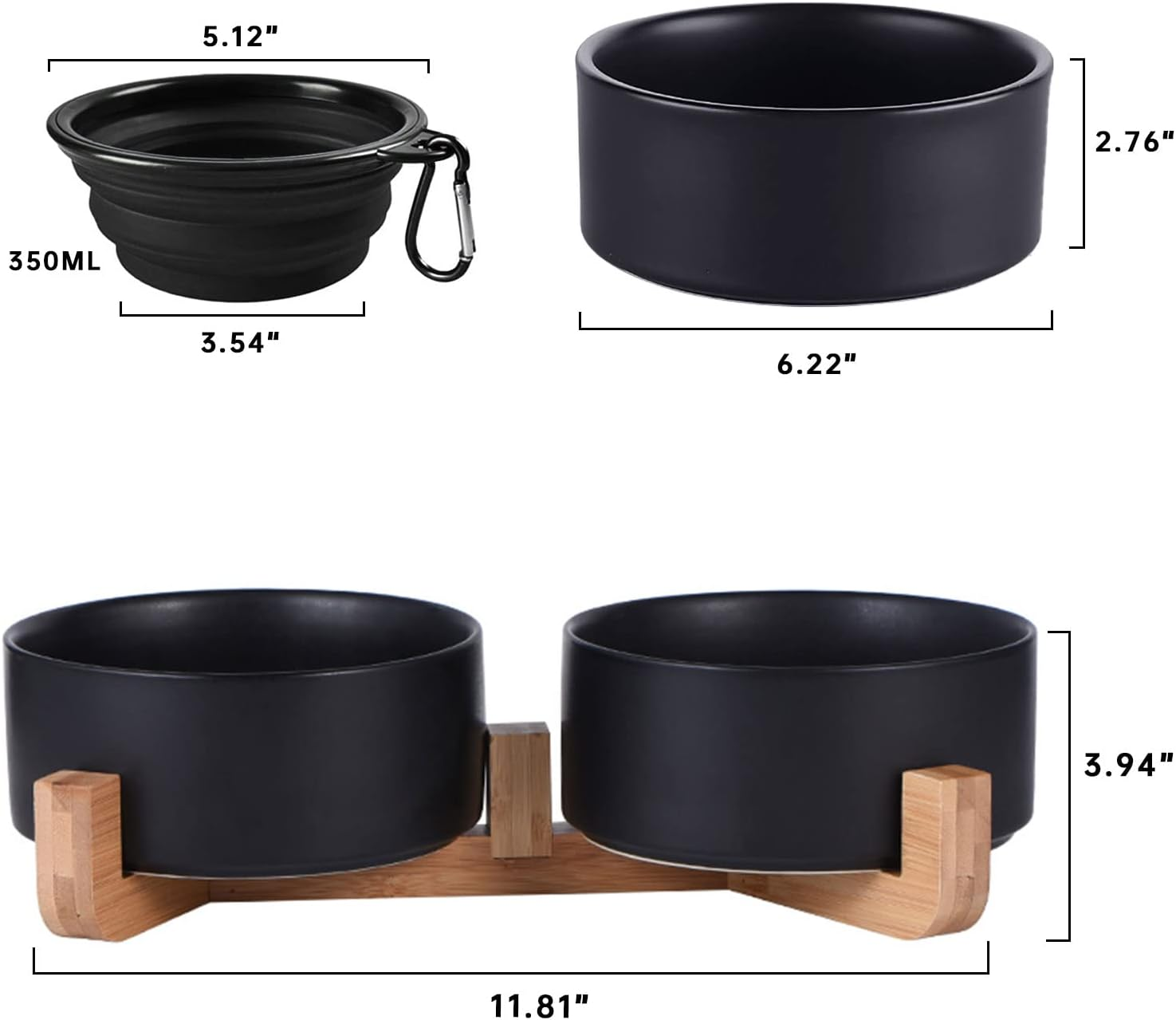 Petygooing Dog Bowls,Black Ceramic Cat Dog Bowl Set with Wood Stand for Pet Food and Water,Non-Slip Cute Modern Pet Dish Set for Cats Small and Medium Dogs (28OZ/6.1 In) image number 6