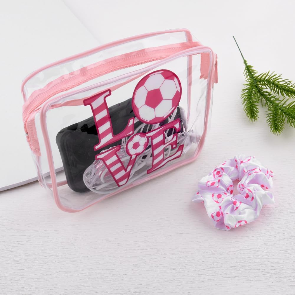 Pink Soccer Gifts Women Girls Pink Soccer Cosmetic Makeup Bag with Sport Hair Scrunchies PVC Clear Football Cosmetic Bags for Coach Players Team Christmas Party image number 2