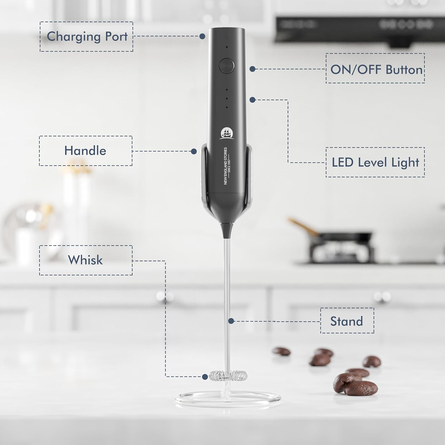 Rechargeable Mlik Frother Wand with Stand, Foam Maker with Stainless Whisk, 3-Speeds Electric Handheld Drink Mixer for Coffee, Cappuccino, Latte, Matcha, Hot Chocolate (Black)