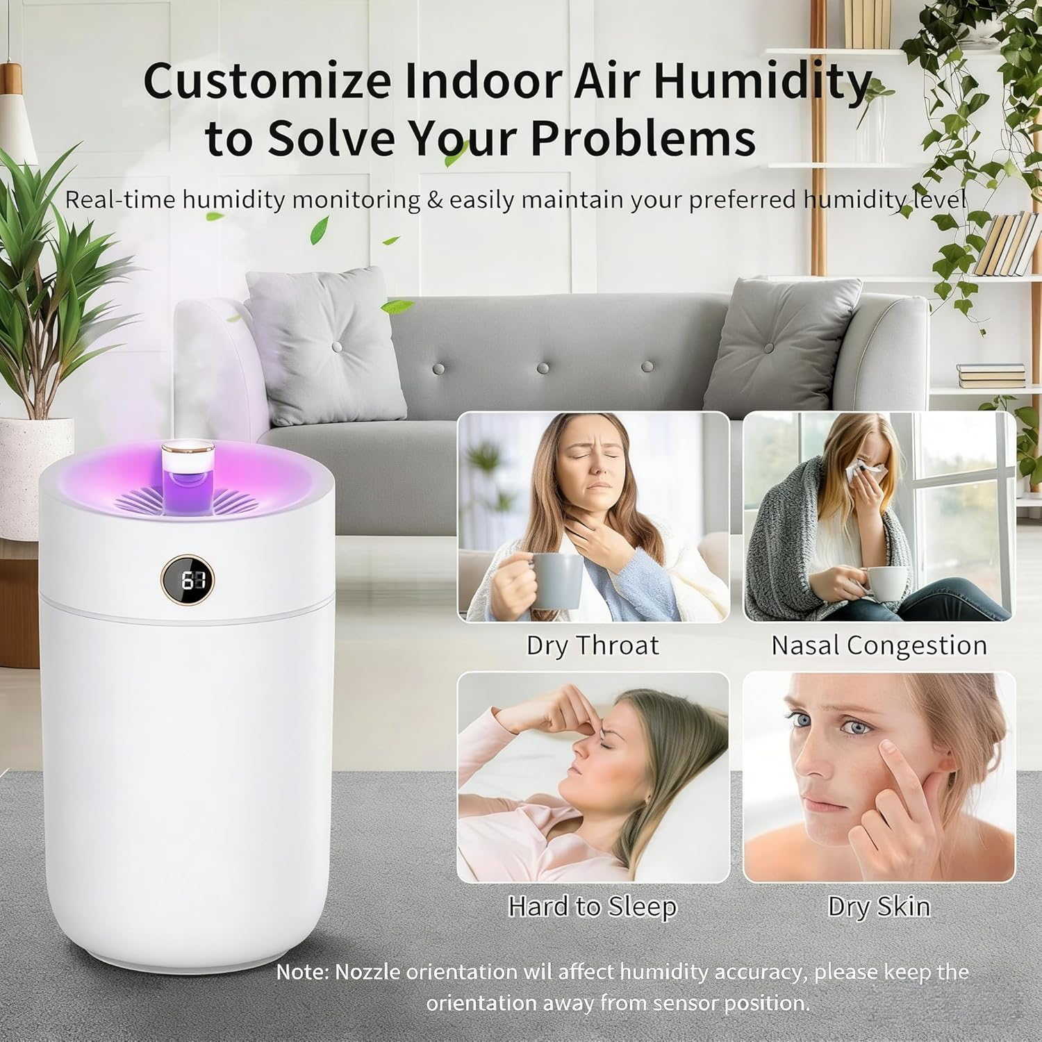 Humidifier for Bedroom Large Room, 3L Cool Mist Humidifiers Air Humidifier with Humidity Monitoring Top Fill, Quiet Operation, 7 Color Night Light Function, Auto Shut-Off, Double Nozzle, White image number 3