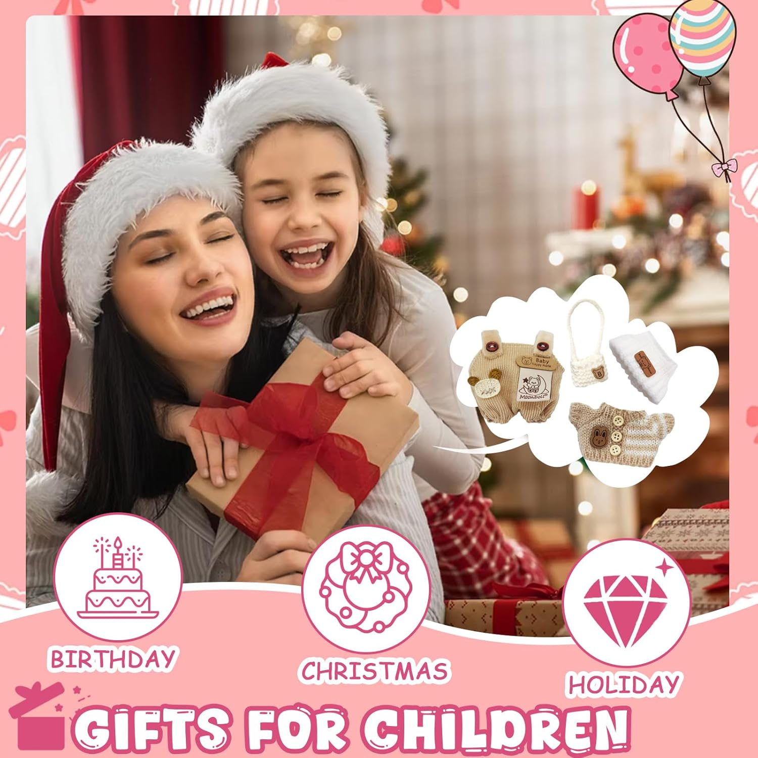 2 X Clothing for 17 Cm Labubu Plush with Pink Bottle Jumpsuit + White Bear Wool Hat + Pink Camera + Hair Accessories with Bow + Chanel Style Jumpsuit for Clothing DIY Children Gifts (Khaki) image number 4