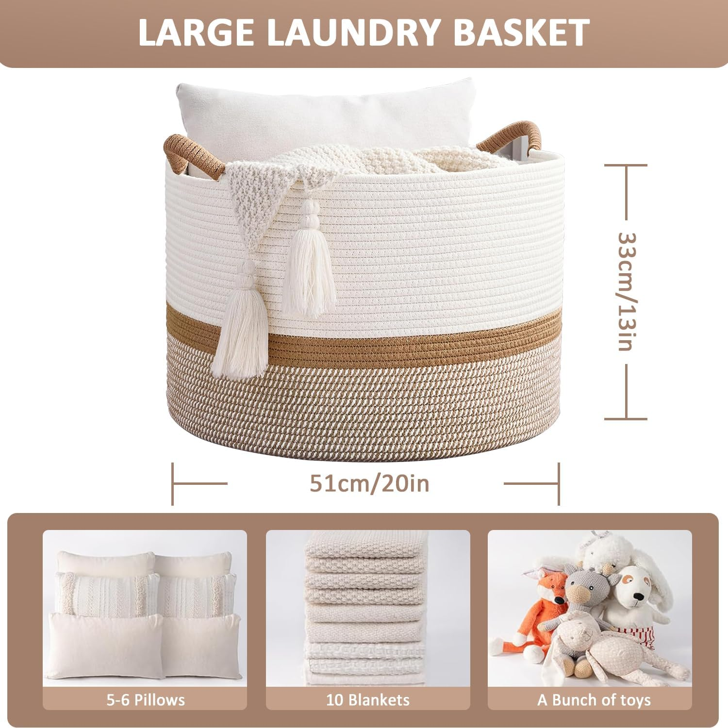 OWNKING Large Capacity Storage Baskets, Laundry Basket, Tall Woven Cotton Collapsible Laundry Hamper, Decorative Versatile Blanket Basket for Clothes, Blankets, Toys Storage & Organization, 20X20X13In image number 1