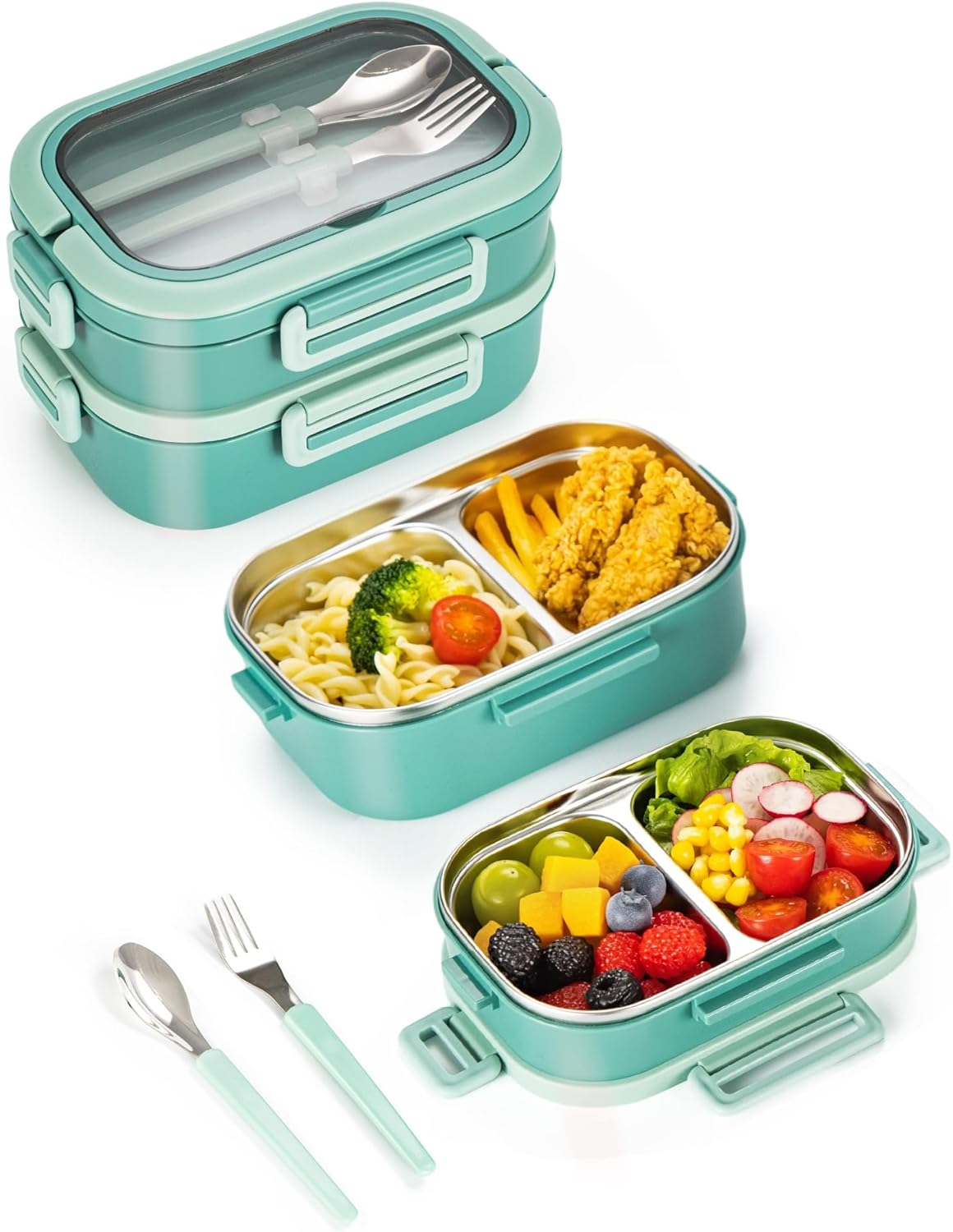 Lille Home Lunch Box, 2 Tier Bento Box with 4 Compartments 1650 ML Food Container with Cutlery Set, BPA Free, Leak-Proof(Green)