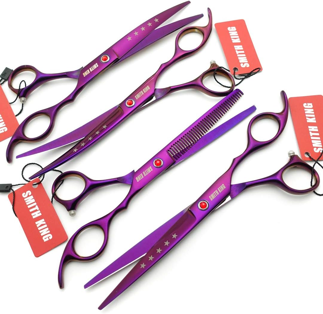 7.0In Professional Pet Grooming Scissors Set,Straight & Thinning & Curved Scissors 4Pcs Set for Dog Grooming (Violet) - Black image number 7