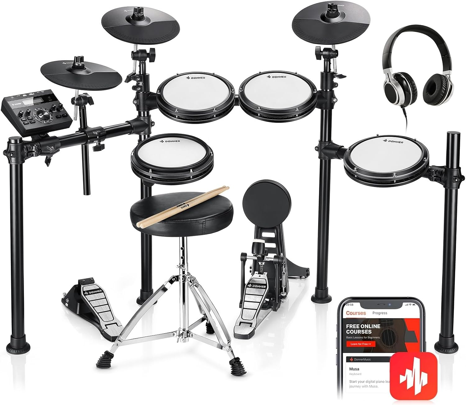 Donner DED-200 Electric Drum Sets, Electric Drum Kits with Quiet Mesh Drum Pads, 2 Cymbals W/Choke, 31 Kits and 450+ Sounds, Throne, Headphones, Sticks, USB MIDI, Melodics Lessons (5 Pads, 3 Cymbals) image number 4