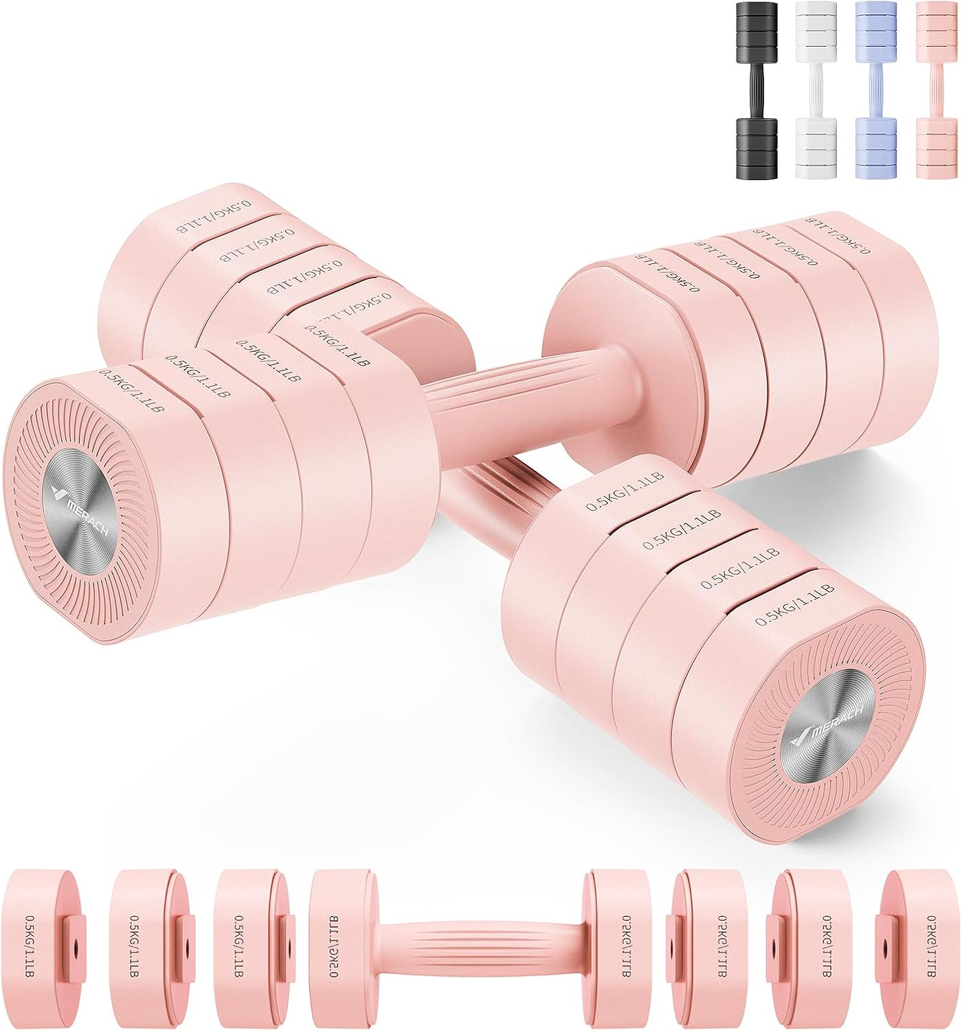 MERACH Adjustable Dumbbell Set Weights of 2, Soft-Touch Grip Anti-Slip Handle Dumbbells, Macaron Colors Exercise&Fitness Dumbbells,Each 1/2/3/4 Kg, 4 in 1 Hand Weights Dumbbells Set for Women - Black image number 2